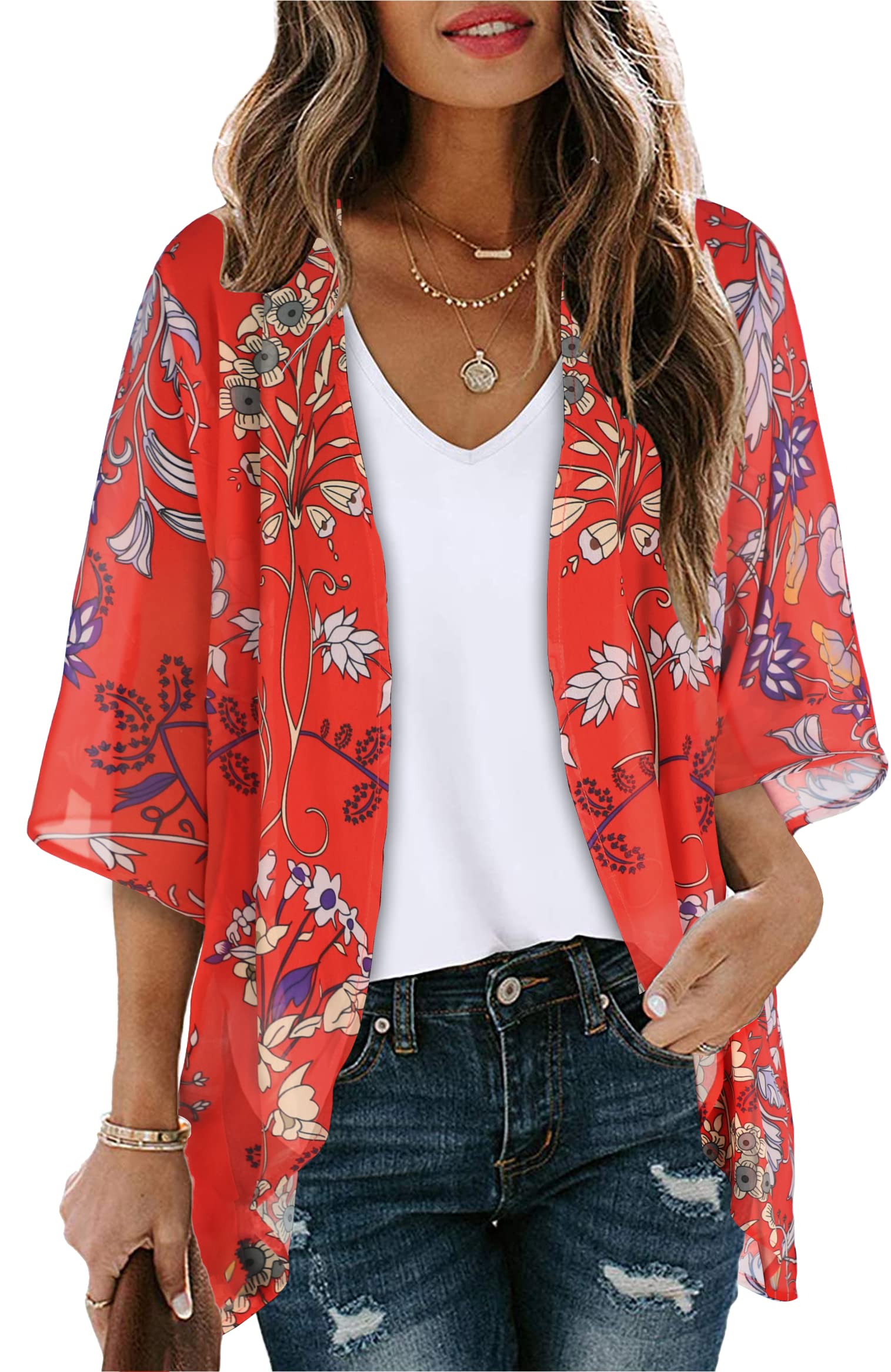 Summer Kimono Cardigan for Women Sheer Boho Tops Casual Open Front Swimwear Shirts Beach Cover ups (Boho Red,3XL)