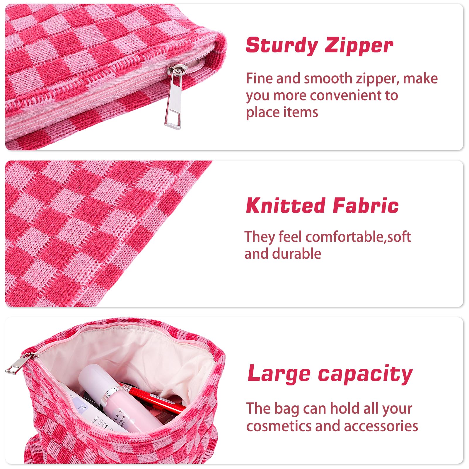 ZLFSRQ 2Pcs Checkered Makeup Bag for Women Large Cosmetic Bag Set Travel Toiletry Bag Makeup Pouch Bag for Purse Pink Zipper Storage Bag Organizer Cute Small Aesthetic Girls Car Essentials Bag