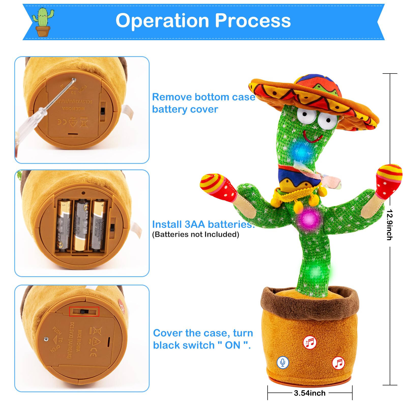 Ayeboovi Dancing Talking Cactus Toys for Baby Boys and Girls, Kids Adjust Volume Singing Record Repeating What You Say Sunny Cactus Mimicking Toy Electronic Light Up Plush Toy with 120 Songs