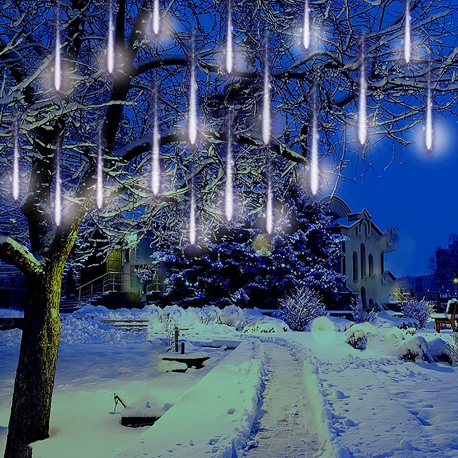 Kordain Christmas Lights Outdoor, Meteor Shower Lights Falling Star Lights 12 inch 8 Tubes 144 LED Icicle Snow Falling Raindrop Lights for Xmas Tree Halloween Holiday Party Decoration, UL Plug, White