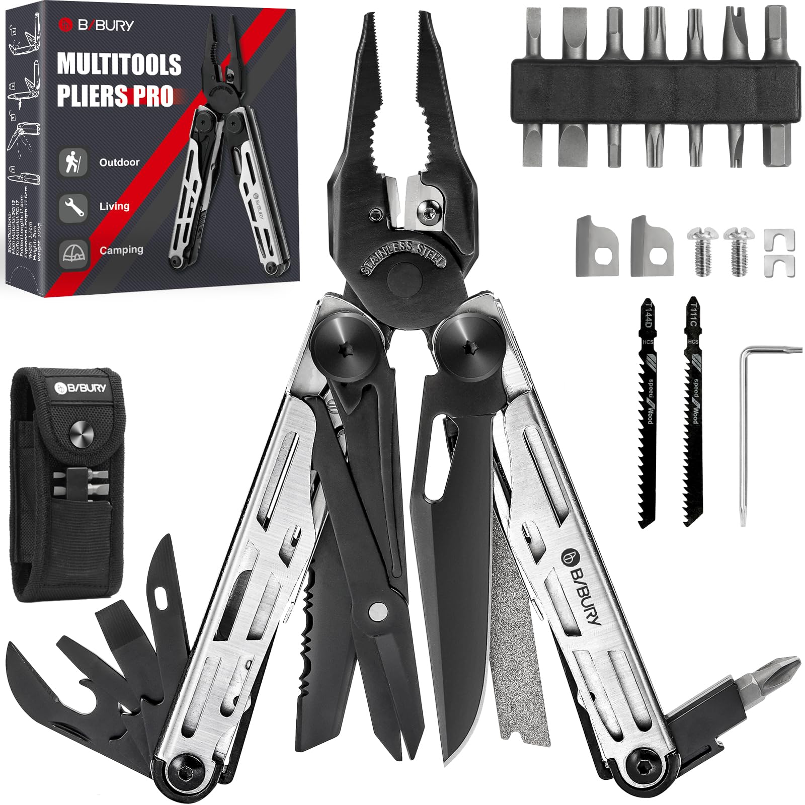 BIBURY Multitool Pliers, Stainless Steel 31-in-1 Multi Tool Pliers with Replaceable Wire Cutters and Saw, Foldable Multitools with Scissors and Screwdriver, Ideal for Camping, Survival, Repair