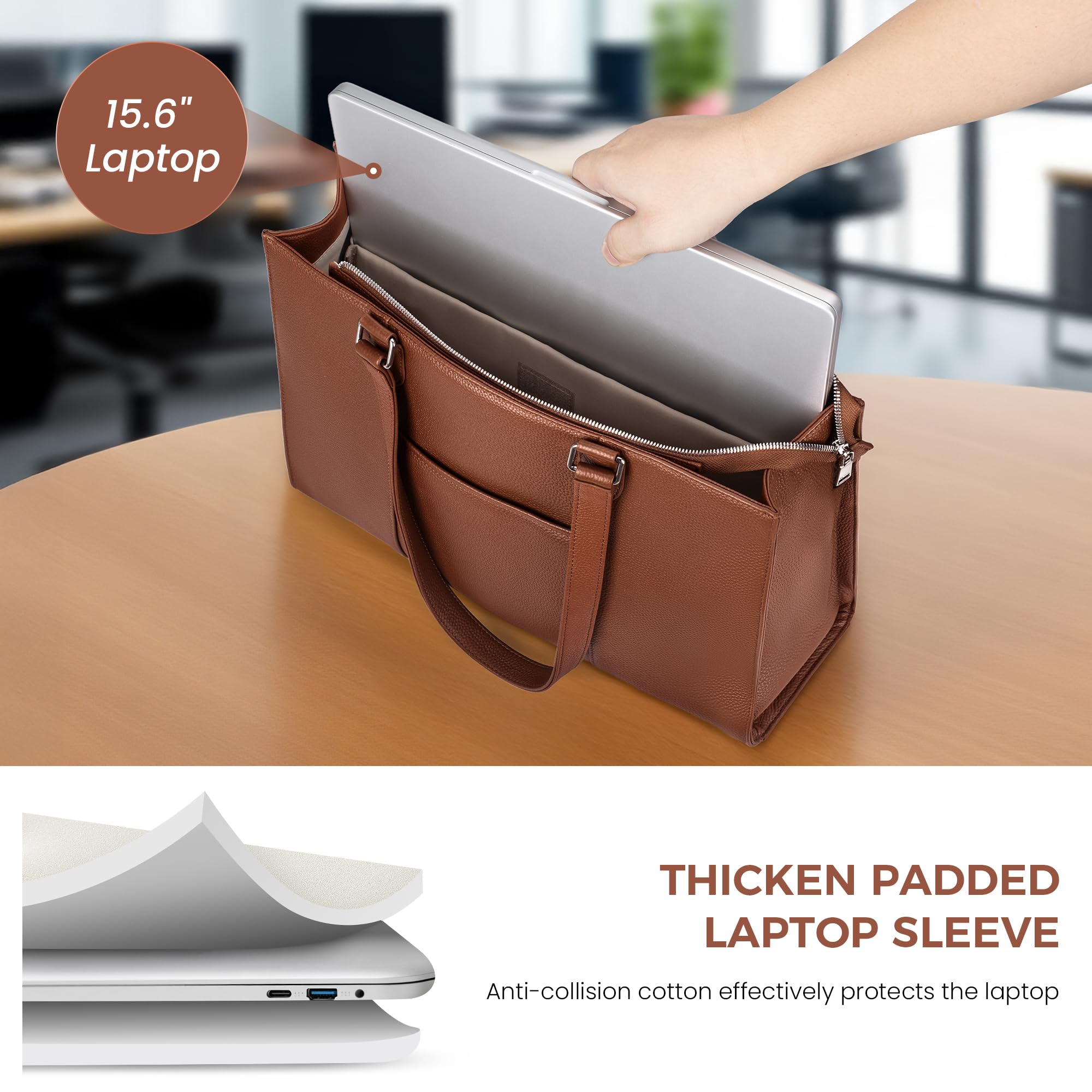 befen Genuine Leather Work Tote Bag for Women, Women's 15.6 Inch Work Bags Totes Purse Shoulder Purses Handbags Cognac Brown