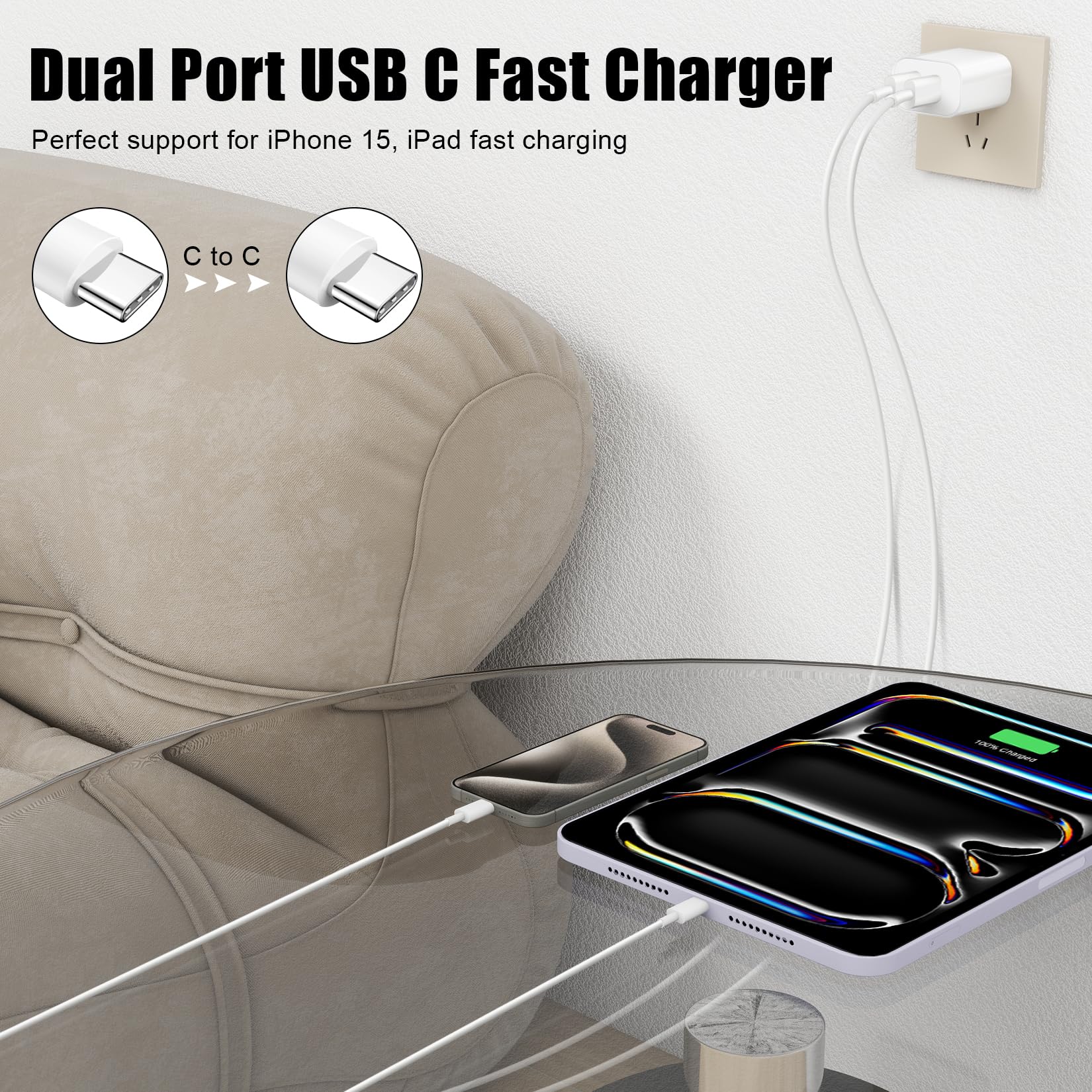 Charger for iPhone 16 15,Fast Dual Port USB C Charger Block,Double USB C iPhone 16 15 Wall Charger Power Adapter,6FT Quick USB C to C Cable for iPhone 16/16 Pro Max/16 Pro/15 Pro/15 Plus,iPad Pro/Air