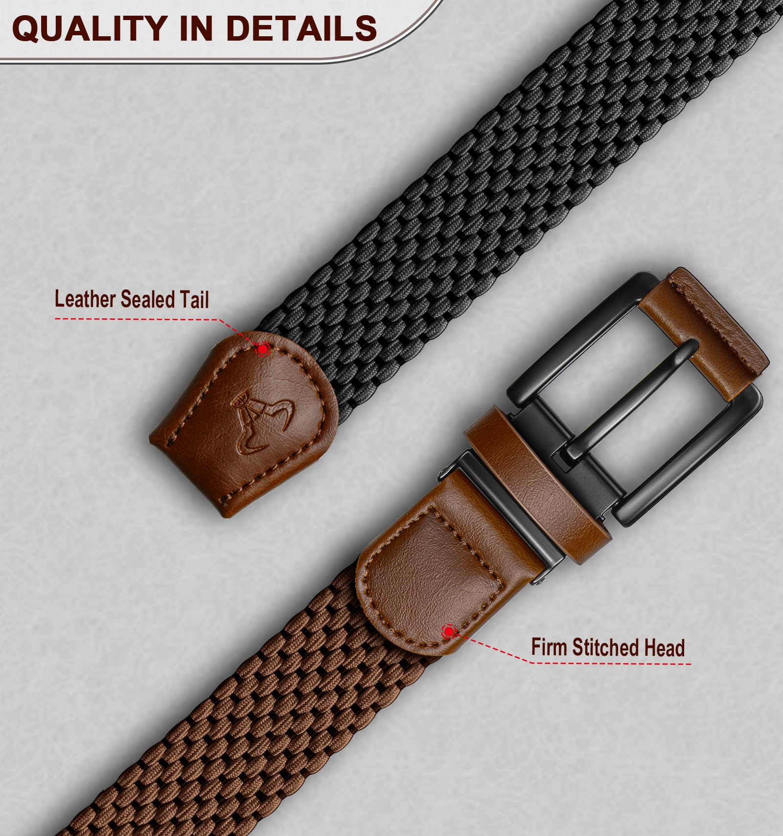 BULLIANT Men Belt Rerversible Golf Belt Stretch Braided for Gift Men 1 3/8"-2 In 1 Belt(Black/Light Brown,32"-36" Waist Adjustable)