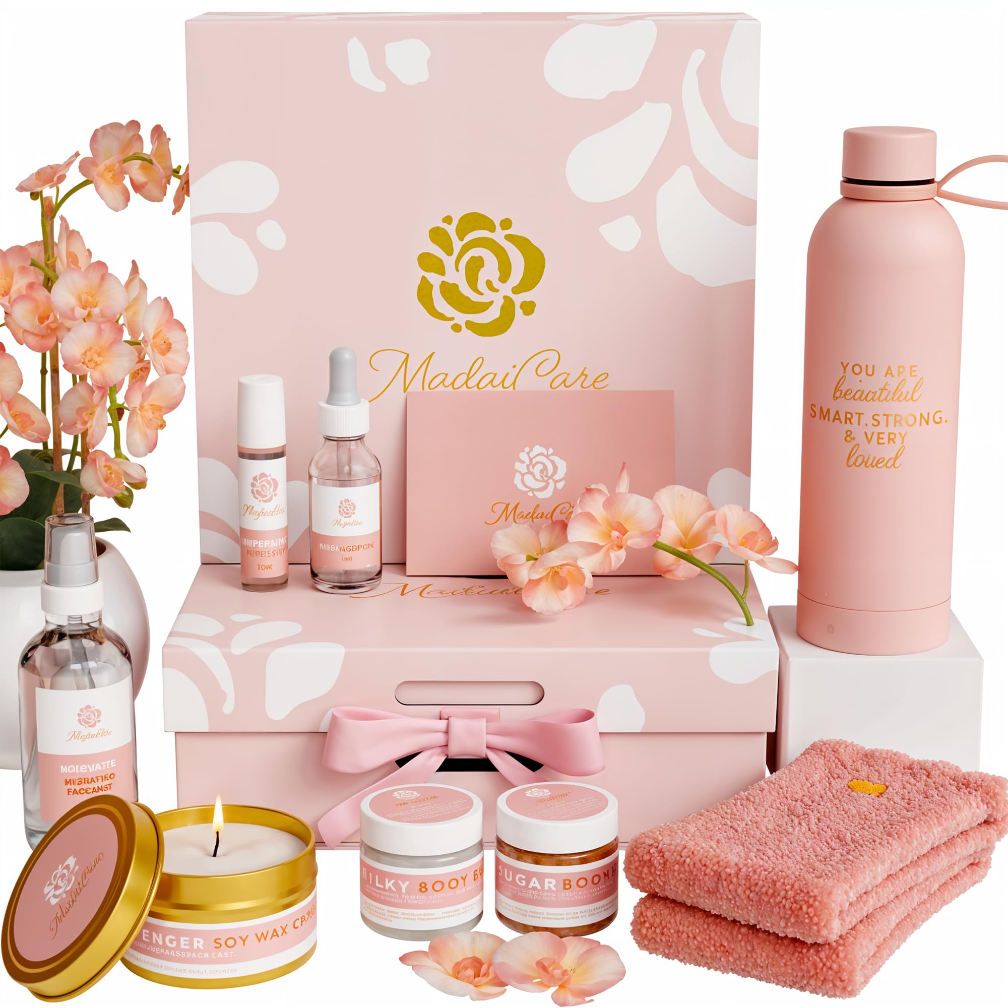 Luxury Spa Gift Basket for Women - Relaxing Self Care Kit with Body Scrub & Cream, Facial Mist, Scented Candle & More - Perfect Birthday Gift For Women - Box Set of 9 Pcs