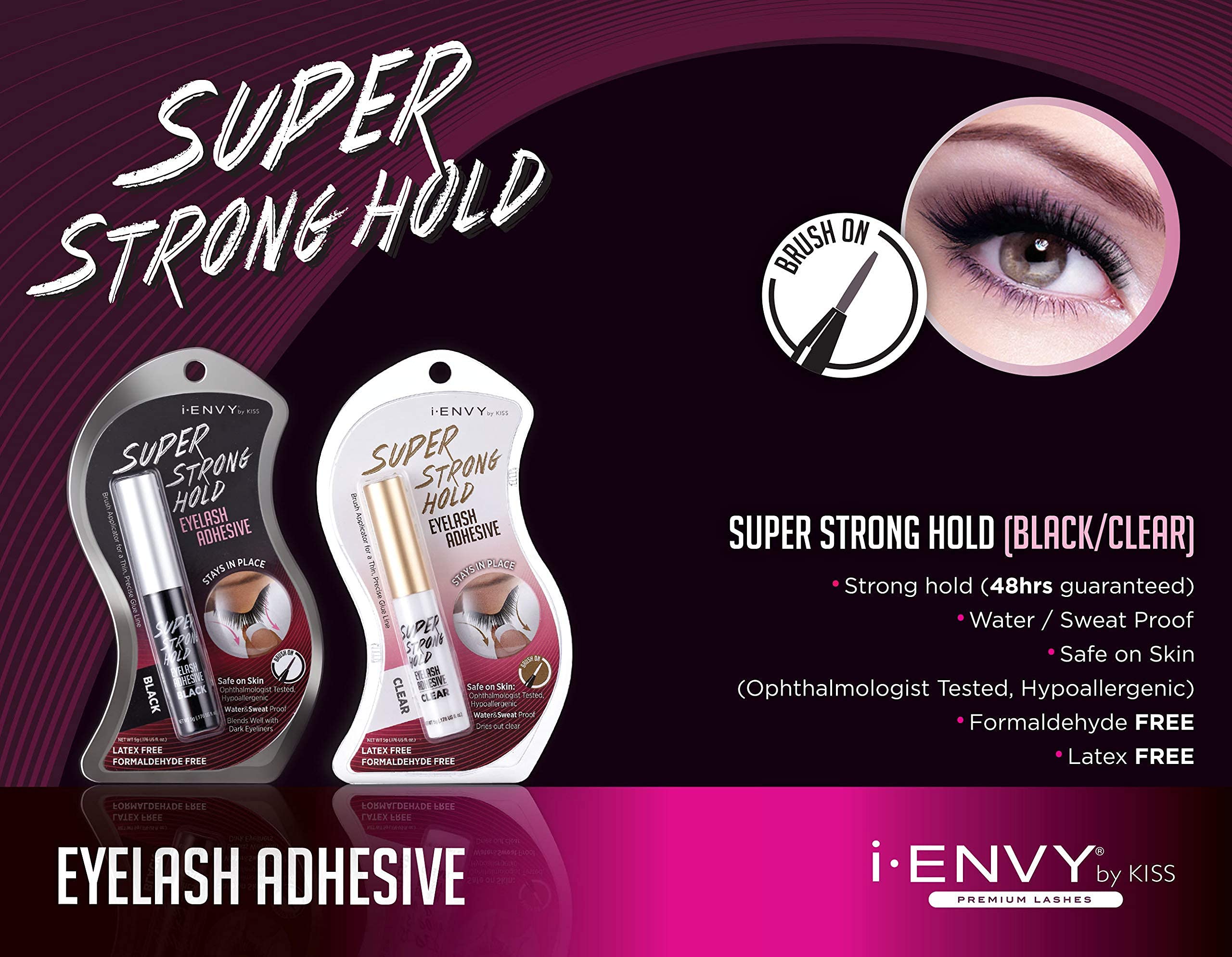 i-ENVY By KISS Super Strong Hold Eyelash Adhesive, Brush on, Waterproof Long-Lasting Strip Lash Glue, Natural-Looking Allergy & Latex Free with Brush Applicator (Clear)
