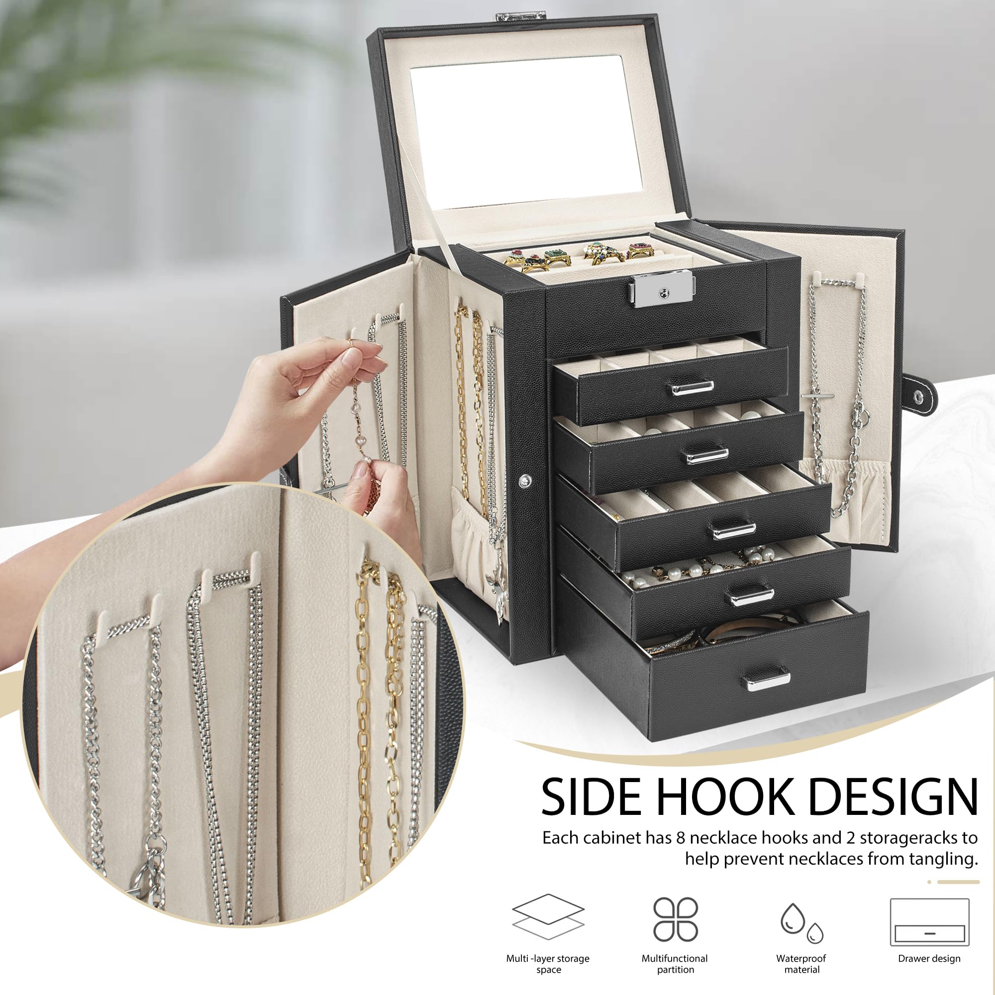 AKOZLIN 6 Layer Jewelry Box Lockable Leather Jewelry Storage Case with 5 Drawers for Women Girls Ring Necklace Earring Bracelet Holder Organizer with Mirror