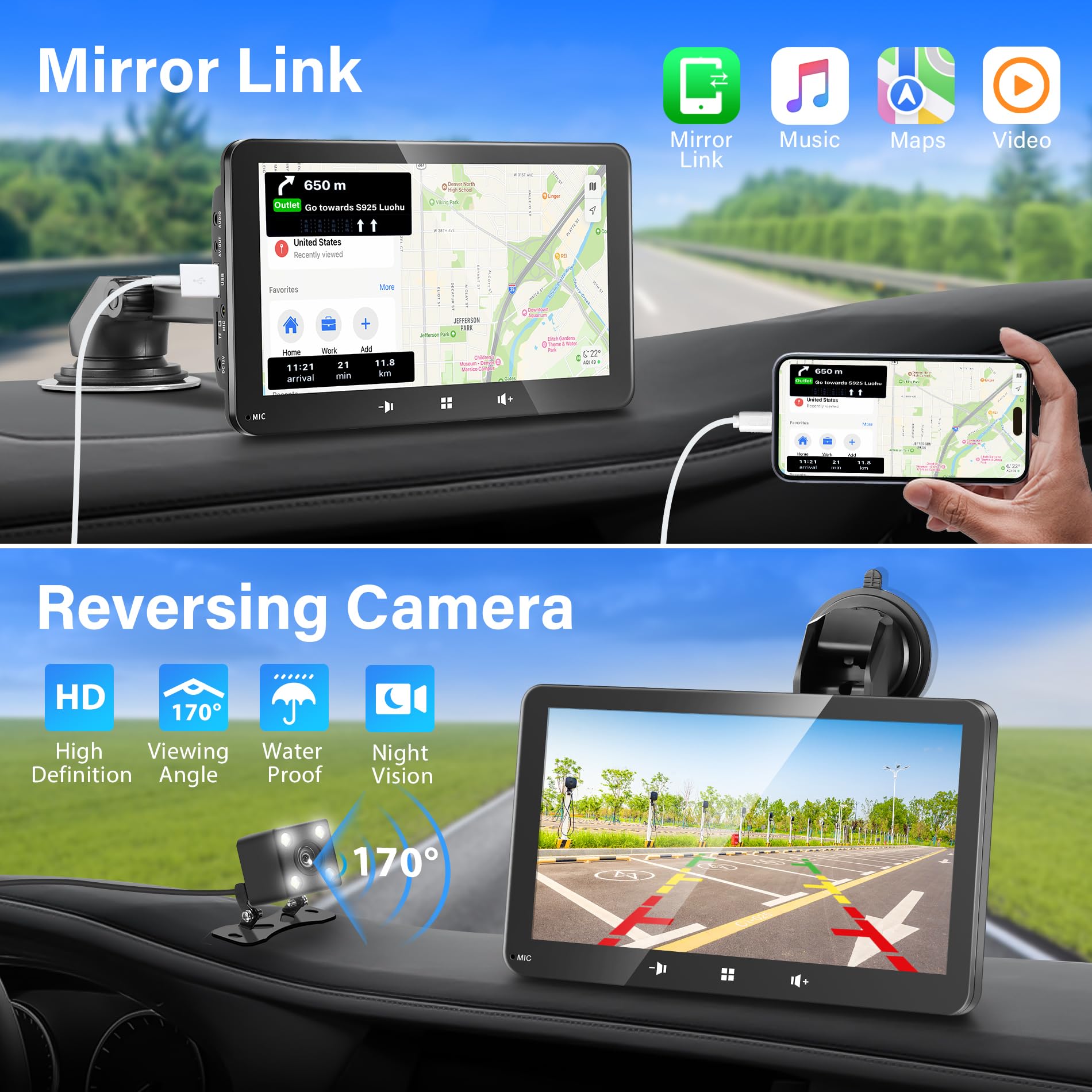 Car Play Screen Portable Wireless CarPlay & Android Auto Carplay Display 7’ HD Touchscreen for Car Stereo Backup Camera Car Radio with Mirror Link/Airplay/BT Hands-Free Call/Mic/TF/USB/AUX