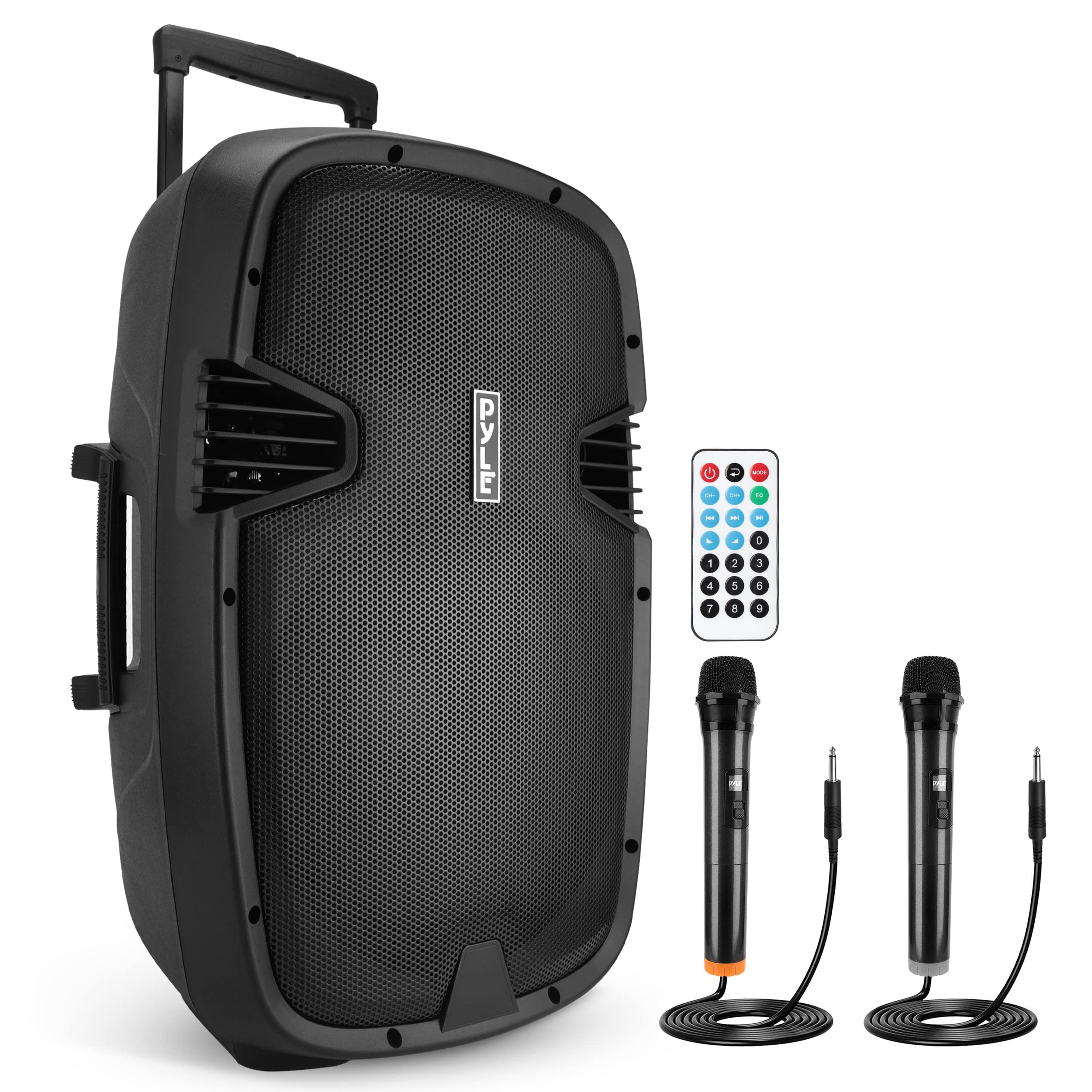 Pyle 1600 Watt, 15" Bluetooth PA Speaker-Indoor/Outdoor Portable Sound System with (2) UHF Wireless Microphones Rechargeable Battery, Audio Recording, USB/SD Readers, FM Radio (PPHP1535WMU),Black