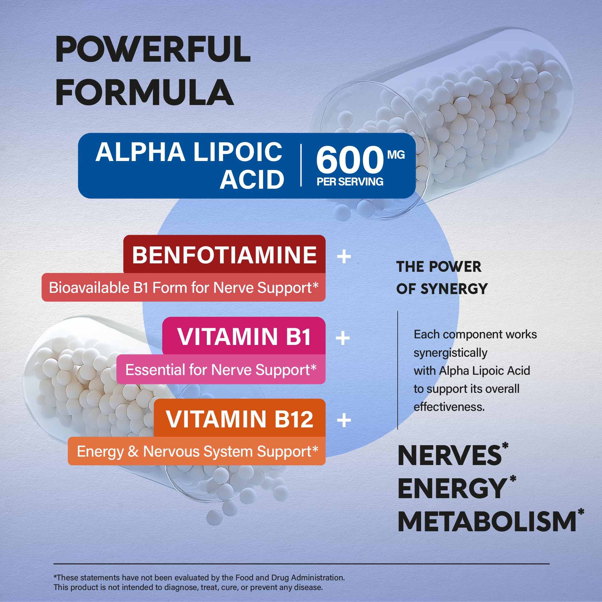 Alpha Lipoic Acid 600mg - ALA Supplement Antioxidant for Nerve, Energy & Metabolism Support - Extra Strength with Benfotiamine, B1 & B12 - Lab Tested, NON-GMO & Vegan - 120 Capsules, 2 Month Supply