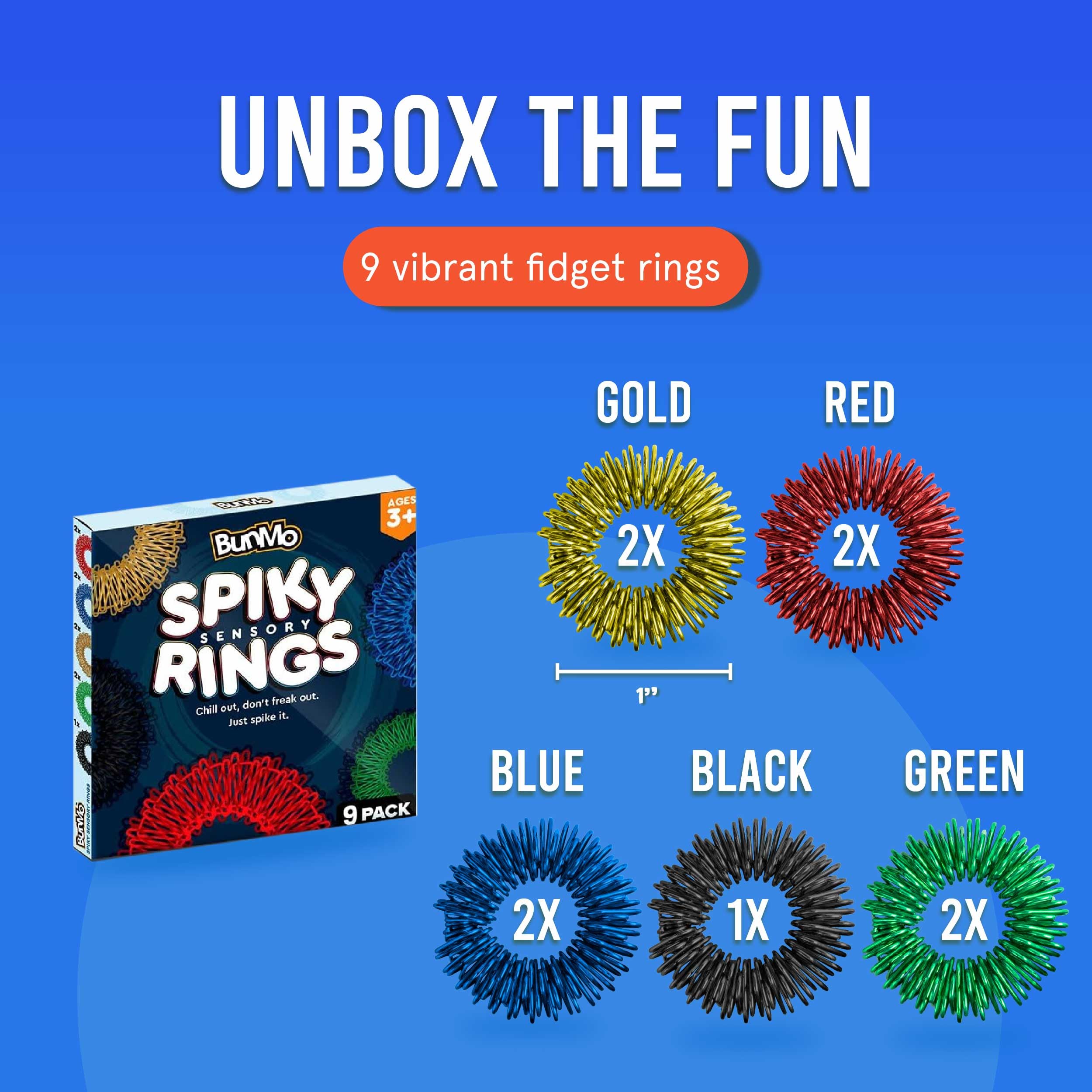 BunMo Spiky Sensory Rings 9pk – Acupressure Rings - Fidget Ring for Adults – Sensory Stimulation & Finger Comfort – Durable & Portable - Spiky Fidget Ring - Stocking Stuffers for Teen Boys