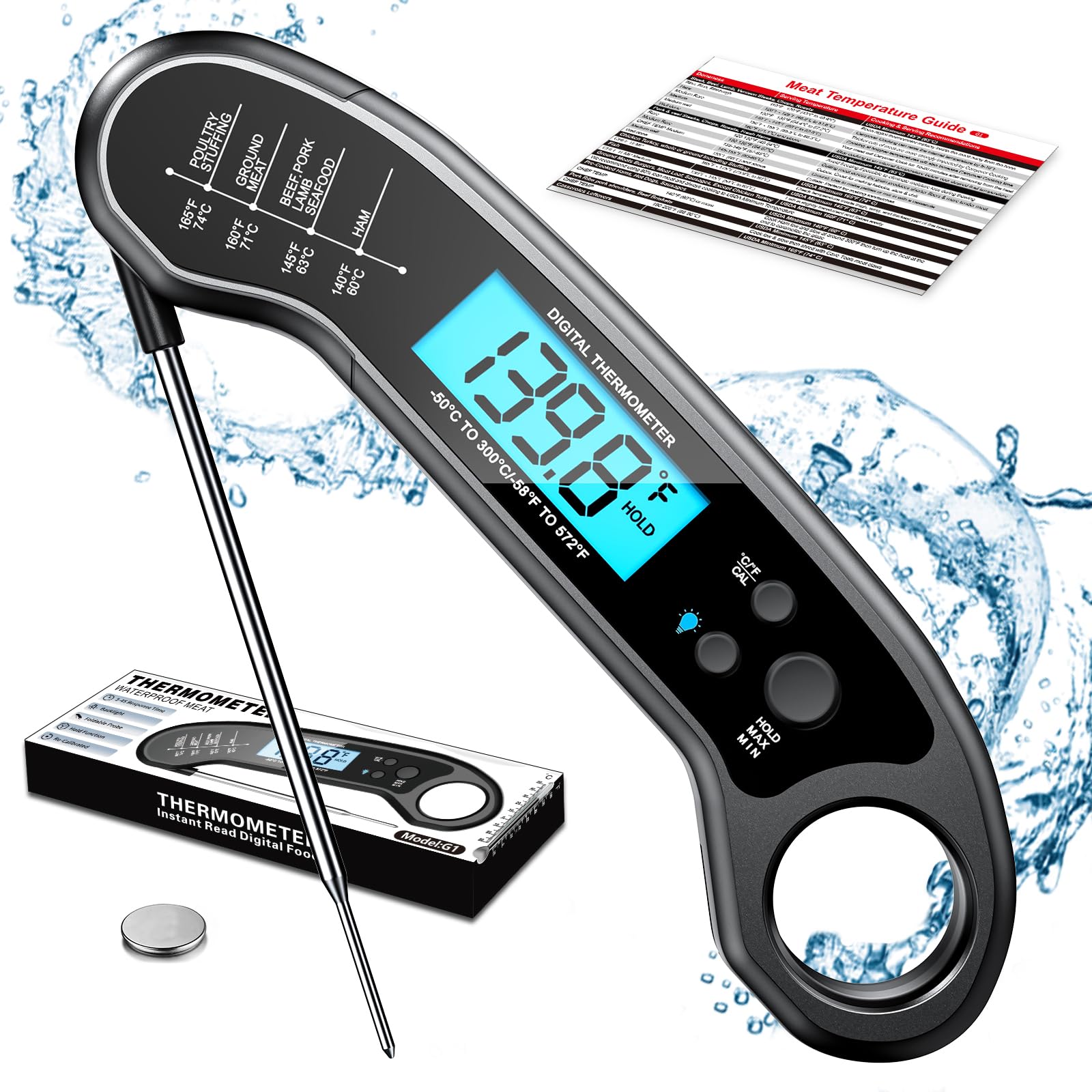 Meat Thermometer Digital, Instant Read Meat ThermometerI for Grill and Cooking, Waterproof Food Thermometer for Kitchen and Outside, BBQ, Turkey, Candy, Liquids, Beef