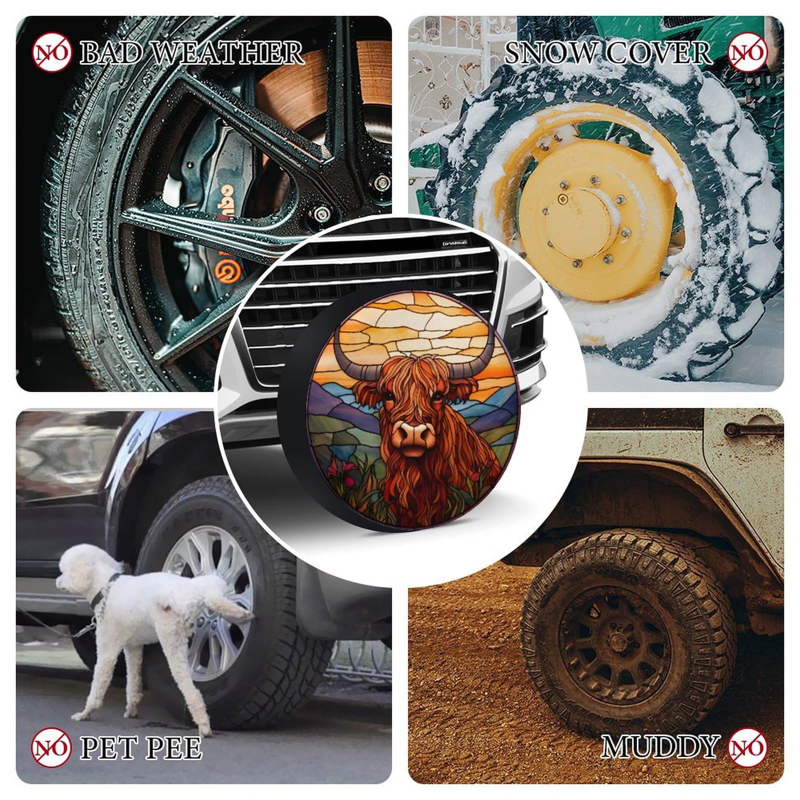 KIOWEIR Spare Tire Cover Highland Cowbright Stained Glass Wheel Tire Cover Universal Dust-Proof Tire Protectors for Trailer Rv Van SUV Truck Camper and Many Vehicle for Diameter 34''