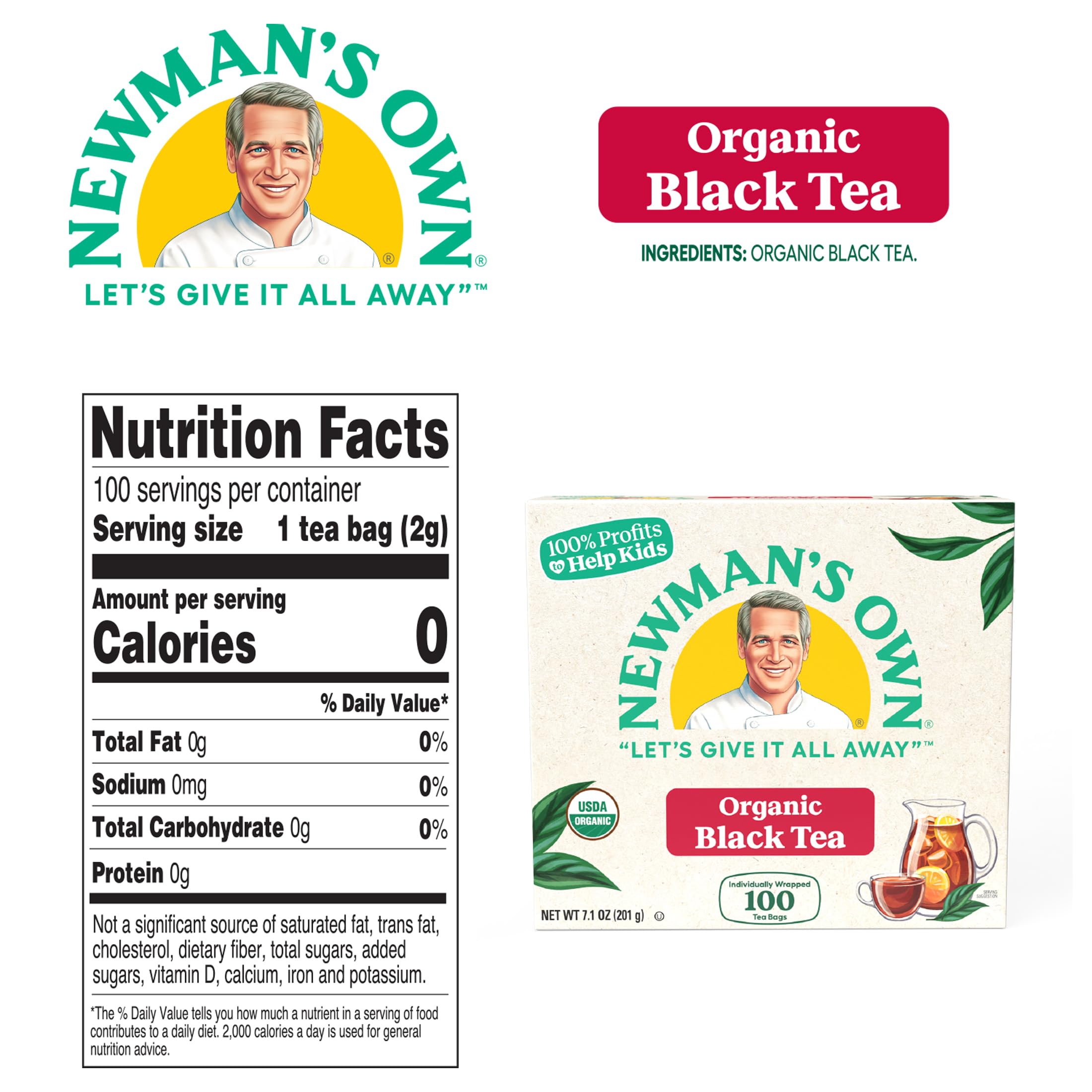 Newman's Own Organic Black Tea Helps Boost Immunity and Promotes Overall Wellbeing Strong Robust Black Tea with 100 Individually Wrapped Tea Bags Per Box (Pack of 5) USDA Certified Contains Caffeine Brew Hot/Cold