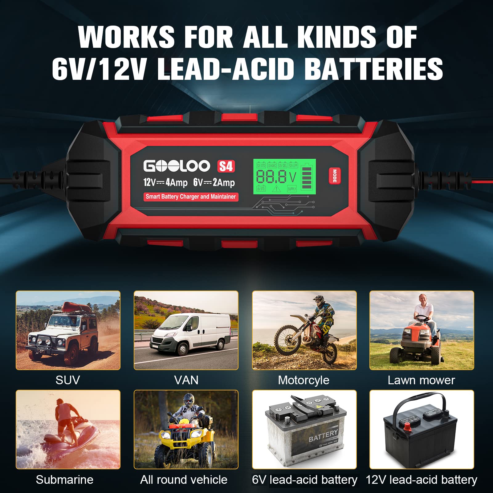 GOOLOO S4 4 Amp Car Battery Charger Automotive, 6V/2A 12V/4A Smart Trickle Charger Maintainer with Supply Mode, Automatic Motorcycle Battery Charger for Truck Lawn Mower RV Boat Lead-Acid Battery