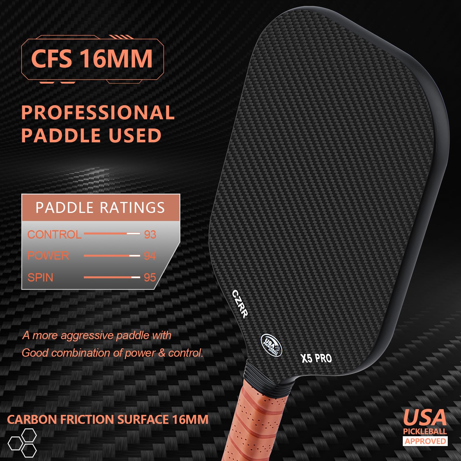 CZRR Pickleball Paddle, Edgeless Style 3K Raw Carbon Fiber Surface High Grit & Spin,USA Pickleball Approved, 16MM Polypropylene Honeycomb Core, Designed for Unmatched Control and Added Power