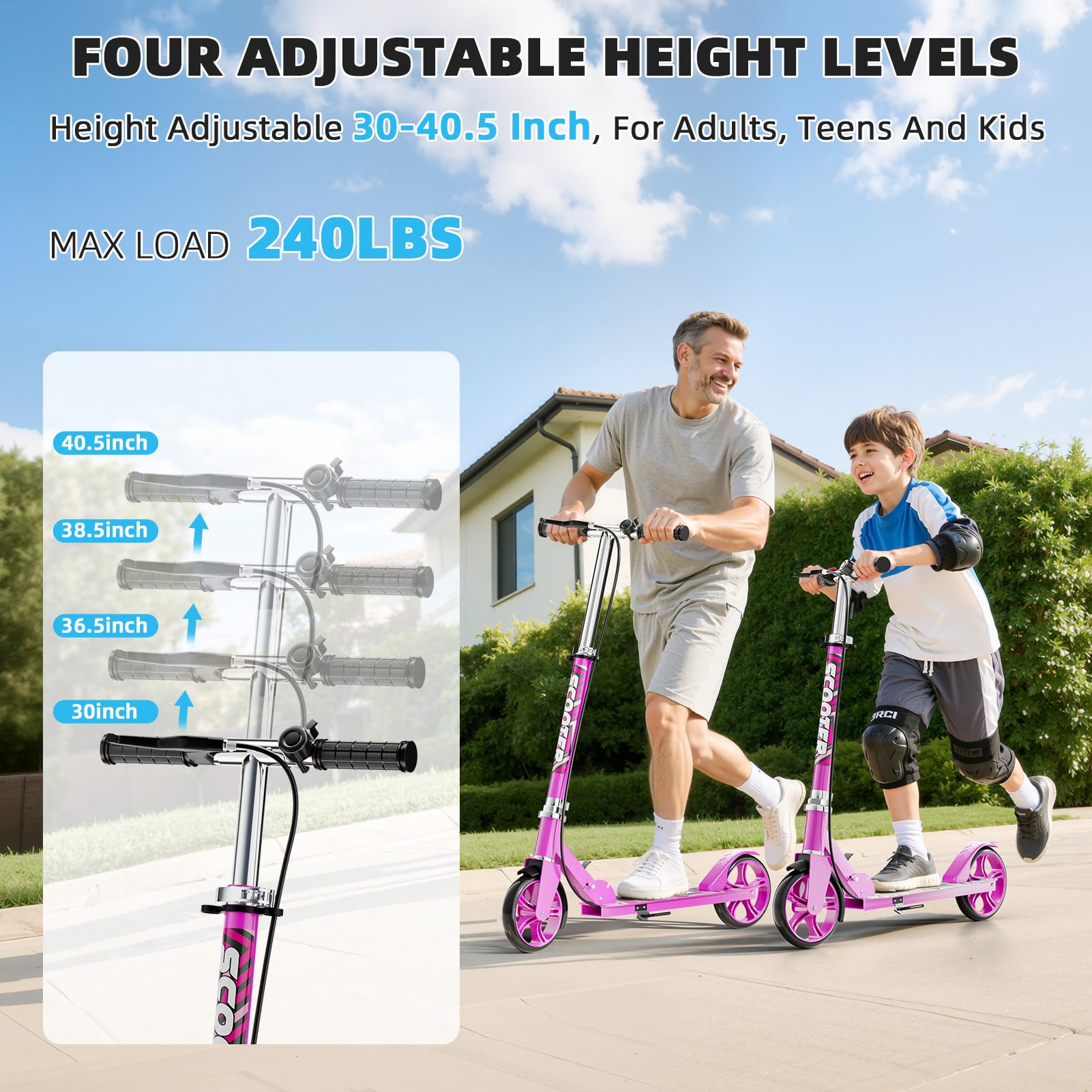 Scooters for Kids 8-12, Teens & Adults - Lightweight, Foldable, 8-Inch Big Wheels, Hand Brake & Bell, 4 Adjustable Height Levels, 240 lbs Max Load, Perfect for School, Campus and Park Rides, Pink