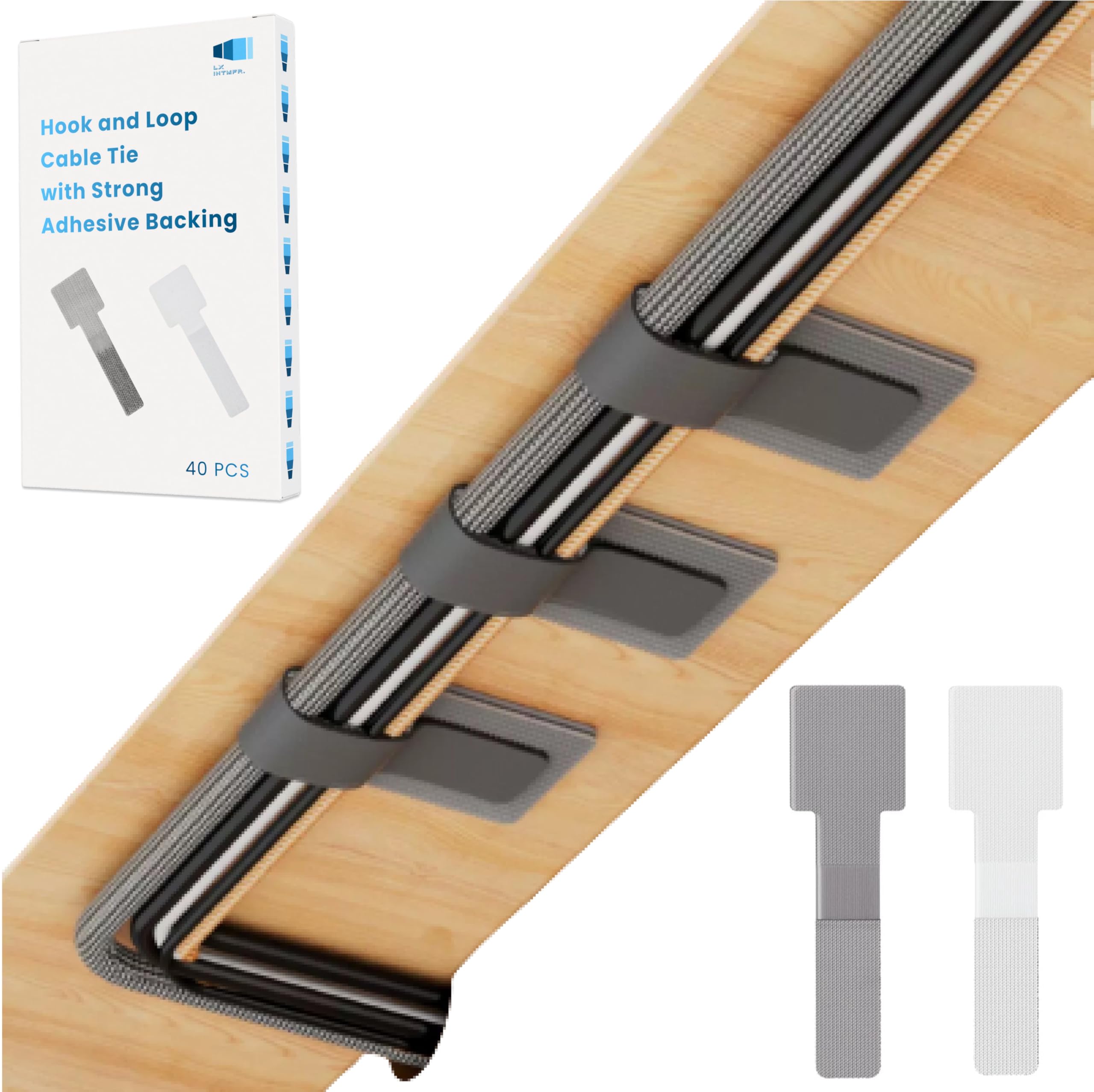 LX IntMfr. Hook and Loop Cable Ties, Self Adhesive Hook and Loop Cable Straps, Sticky-back Cord Organizer, Cable Clip, Household & Office Essentials, 40Pcs per Pack