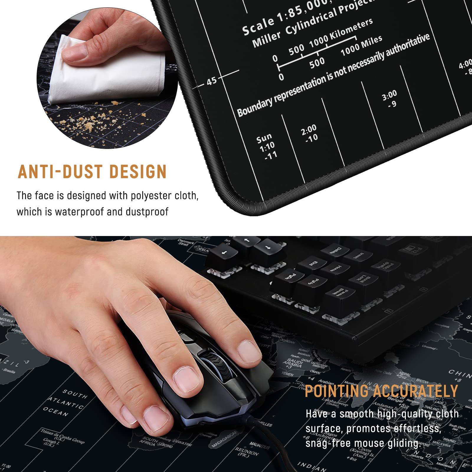 JIALONG Large Gaming Mouse Pad with World Map, Extended Mousepad with Superior Micro-Weave Cloth, Comfortable Keyboard Pad, Desk Mat for Gamer Office Work Home, 35.4 x 15.7 inches Black