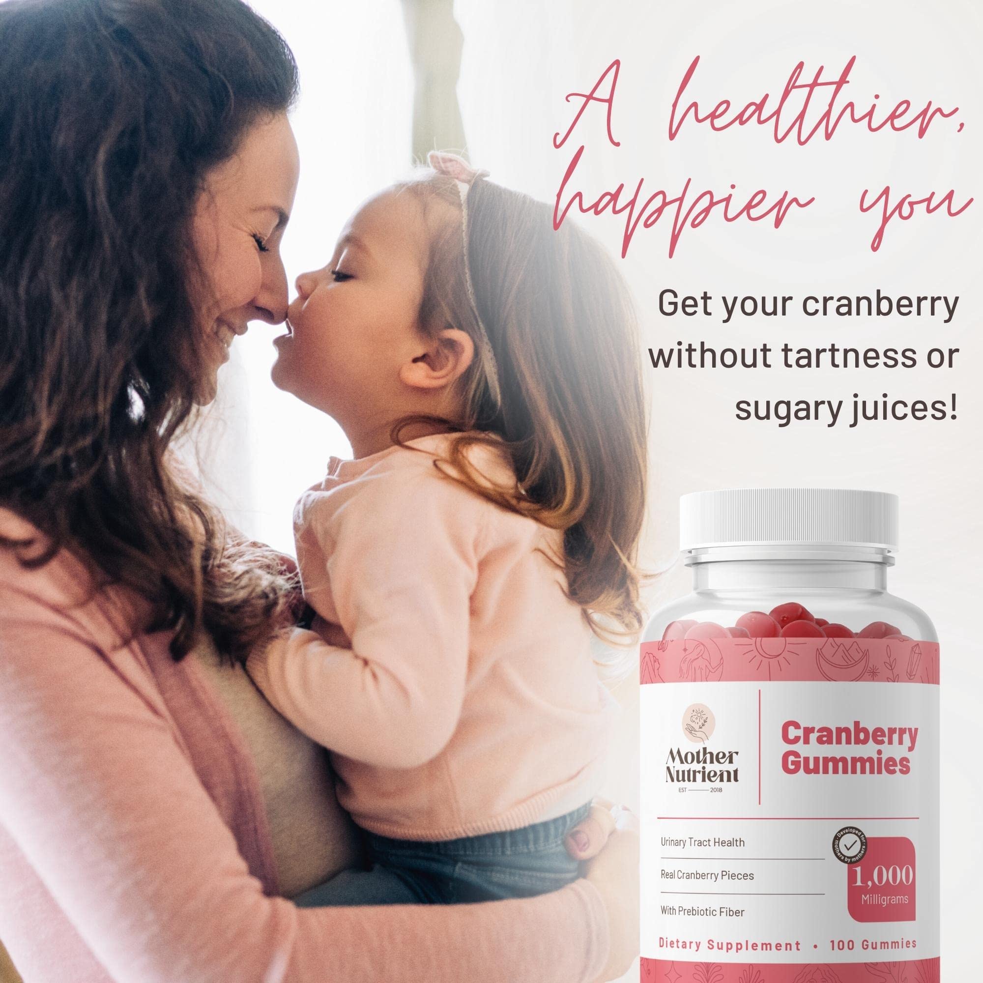 Mother Nutrient - Cranberry Gummies for Women & Kids, Kids Cranberry Gummies - Less Tart & 90% Less Sweet, Gluten-Free, Non-GMO, Vegan - 1,000mg Pure Cranberry Extract - 100 Count, 50-Day Supply