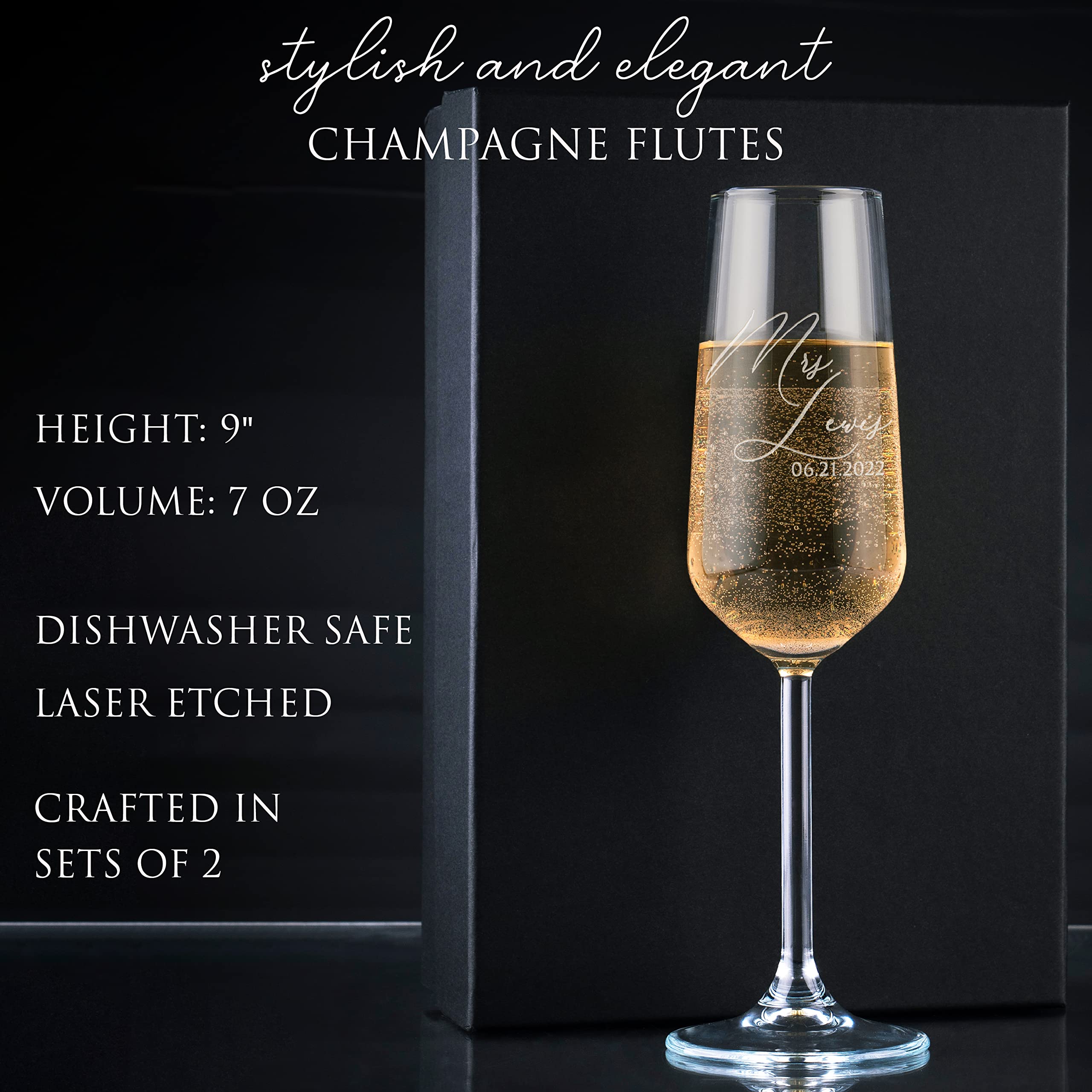 Personalized Wedding Champagne Flutes for Bride and Groom - Set of 2, 7 oz, 2 Designs - Champagne Glasses for Engagement with Your Names and Date - D1