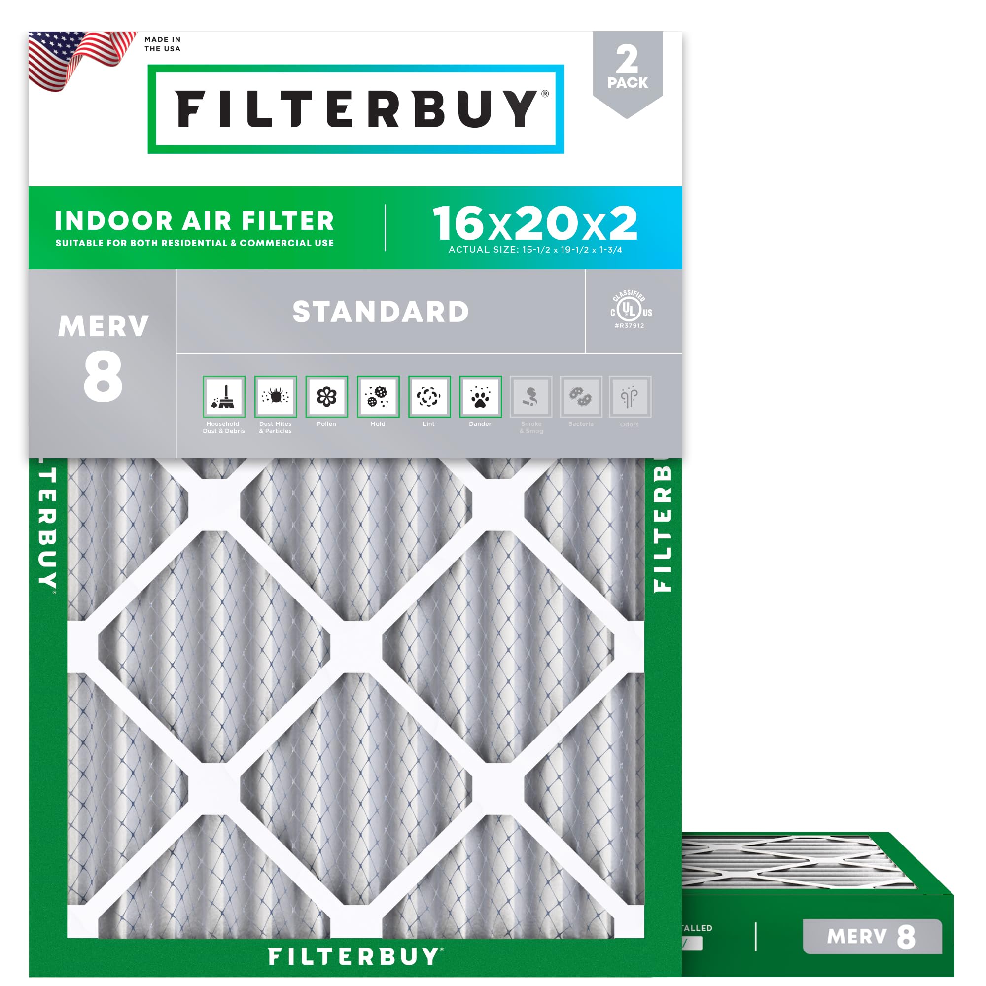 Filterbuy 16x20x2 Air Filter MERV 8 Dust Defense (2-Pack), Pleated HVAC AC Furnace Air Filters Replacement (Actual Size: 15.50 x 19.50 x 1.75 Inches)