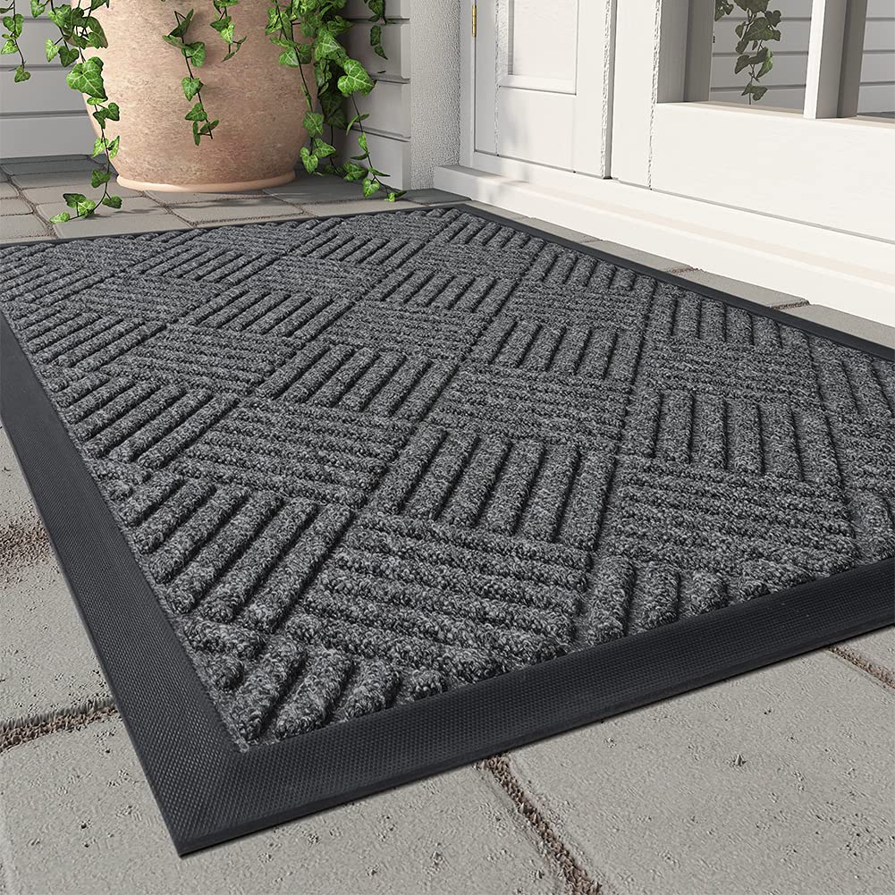 MontVoo-Front Door Mat Outdoor Indoor Entrance Doormat-Welcome Mat Outside Door Mats for Home Entrance Durable Absorbent Non Slip Dirt Trapper Heavy Duty-Gray 17"x30"