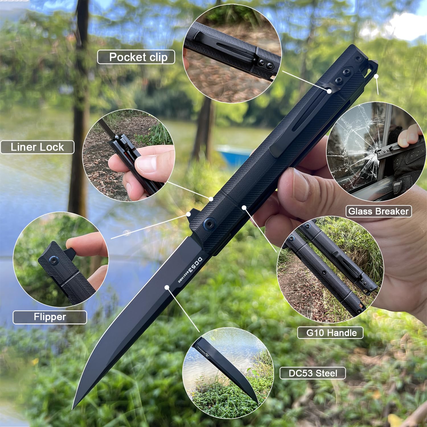 FORESAIL Flipper Pocket Folding Knife,DC53 Steel Blade and G10 Handle. With pocket clip and glass breaker,men's pocket knife hiking trip EDC tool Knife (Black PVD Blade-D)