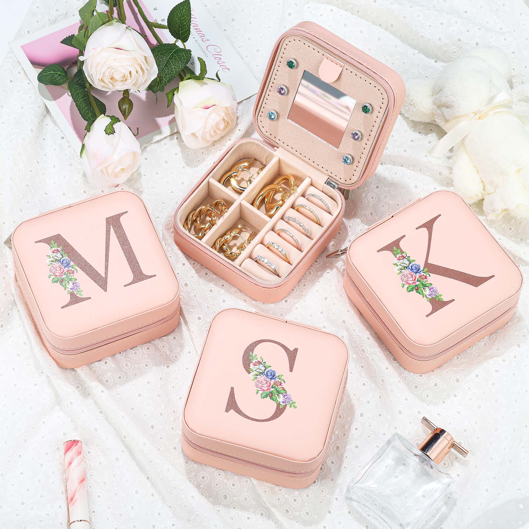 Yesteel Travel Jewelry Case Jewelry Box, Initial Small Jewelry Boxes for Women Travel Jewelry Box, Travel Essentials Travel Accessories for Women, Stocking Stuffers for Teen Girl Gifts Letter M