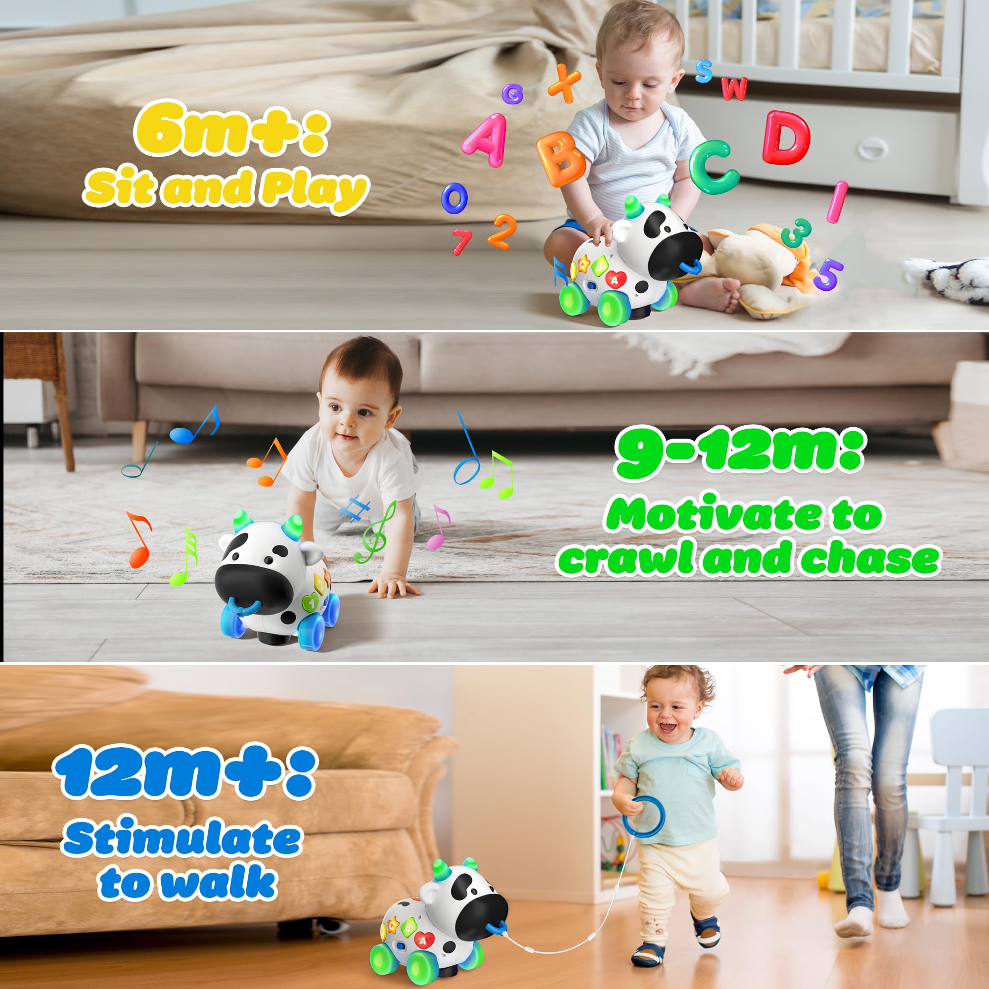 Toddler Toys for 1+ Year Old Boy Girl Gifts, Blingual Musical Cow Baby Toy 6-12-18 Months, Educational Learning Toys for Toddlers 1-3, 1st Birthday