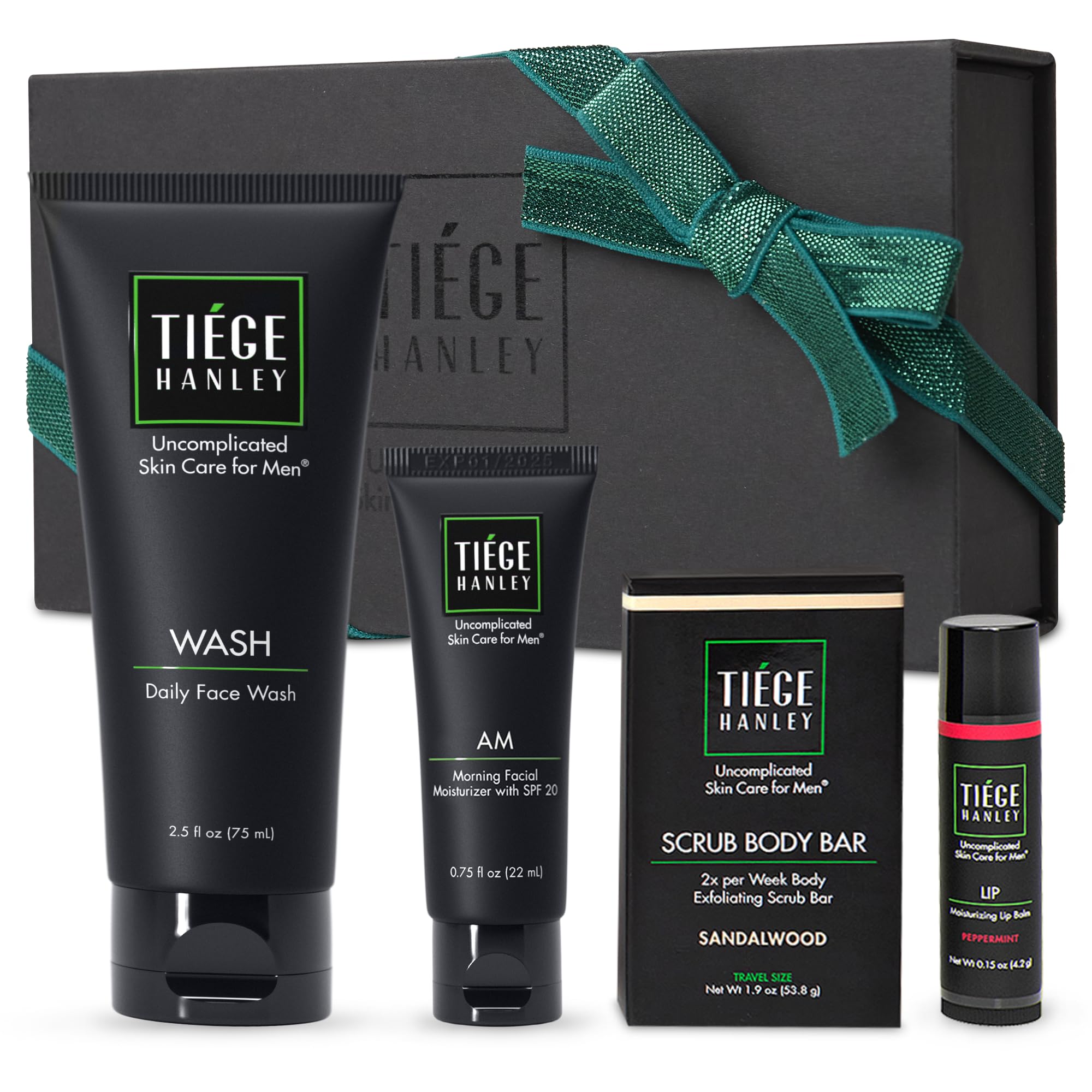 Tiege Hanley Mens Skin Care Gift Box Set, Bronze - Men's Skincare Set Includes Face Wash, Facial Moisturizer with SPF 20 Sunscreen, Body Exfoliating Scrub Bar, & Moisturizing Lip Balm