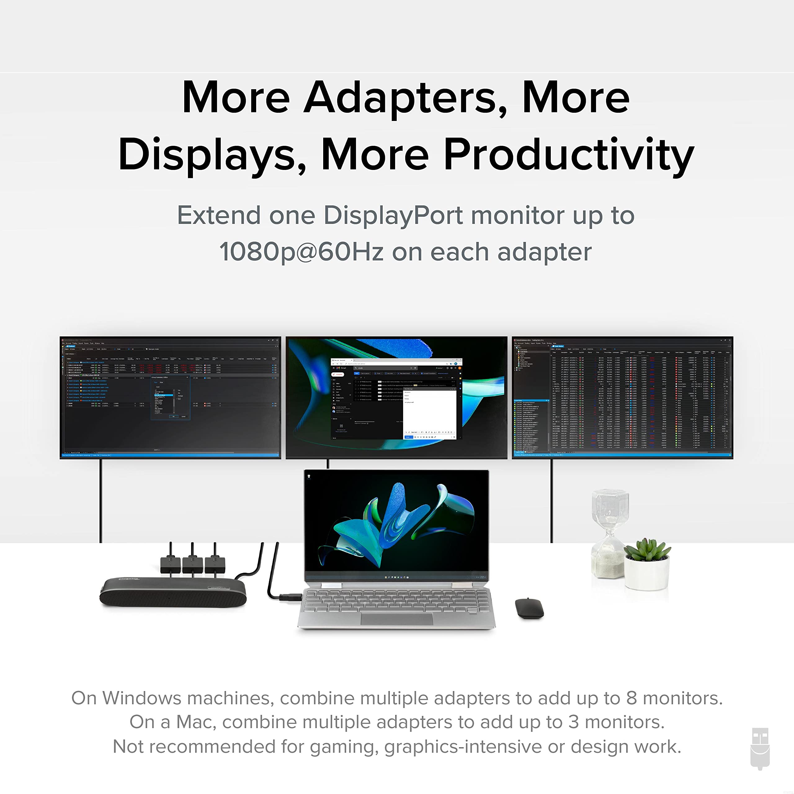 Plugable USB to DisplayPort Adapter. Connect one or More to Any Mac or Windows System to add Extra displays up to 1920x1080 60hz. USB C and A