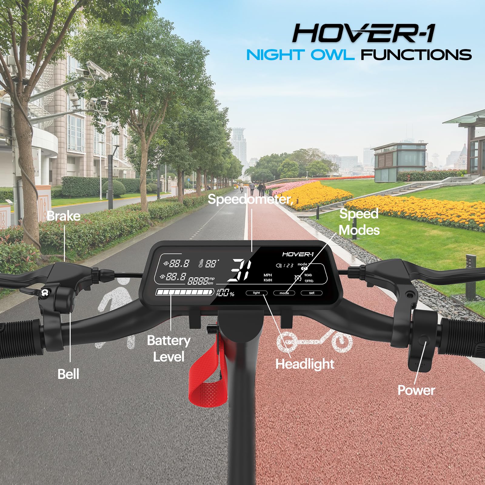 Hover-1 Night Owl Electric Folding Scooter, 31 MPH Top Speed, 37 Mile Range, 1200 Watts Max Power, 10.5” Offroad Tires, Dual Disc Brakes, Front & Rear Suspension Motorized Scooter for Adults & Teens