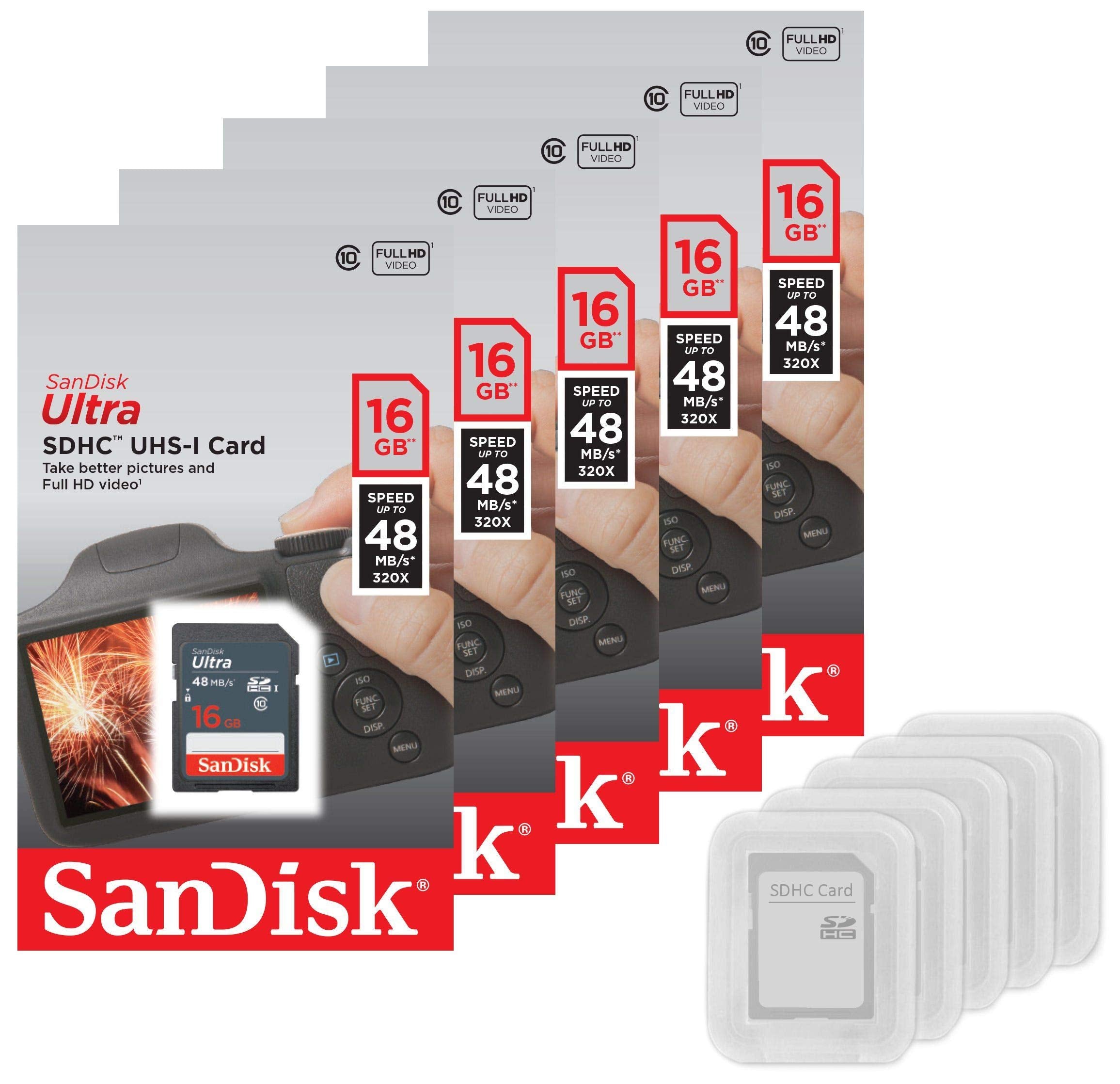 5 Pack - SanDisk Ultra 16GB SD SDHC Memory Flash Card UHS-I Class 10 Read Speed up to 48MB/s 320X SDSDUNB-016G-GN3IN Wholesale Lot + (5 Cases)