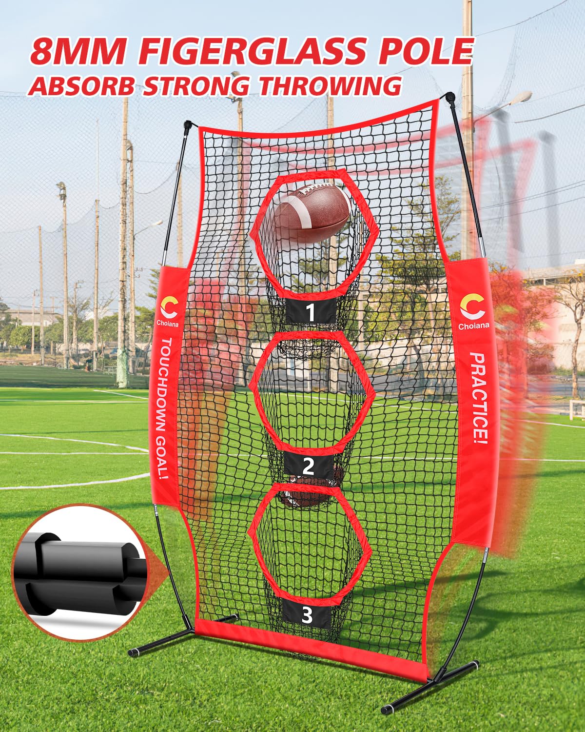 Choiana Football Net, 8 x 4ft Football Throwing Target Net Trainer w/ 3 Pockets, Practice Net Quarterback Training Equipment for Throw Accuracy Improving w/Carry Bag, Ground Stake for Backyard Kids