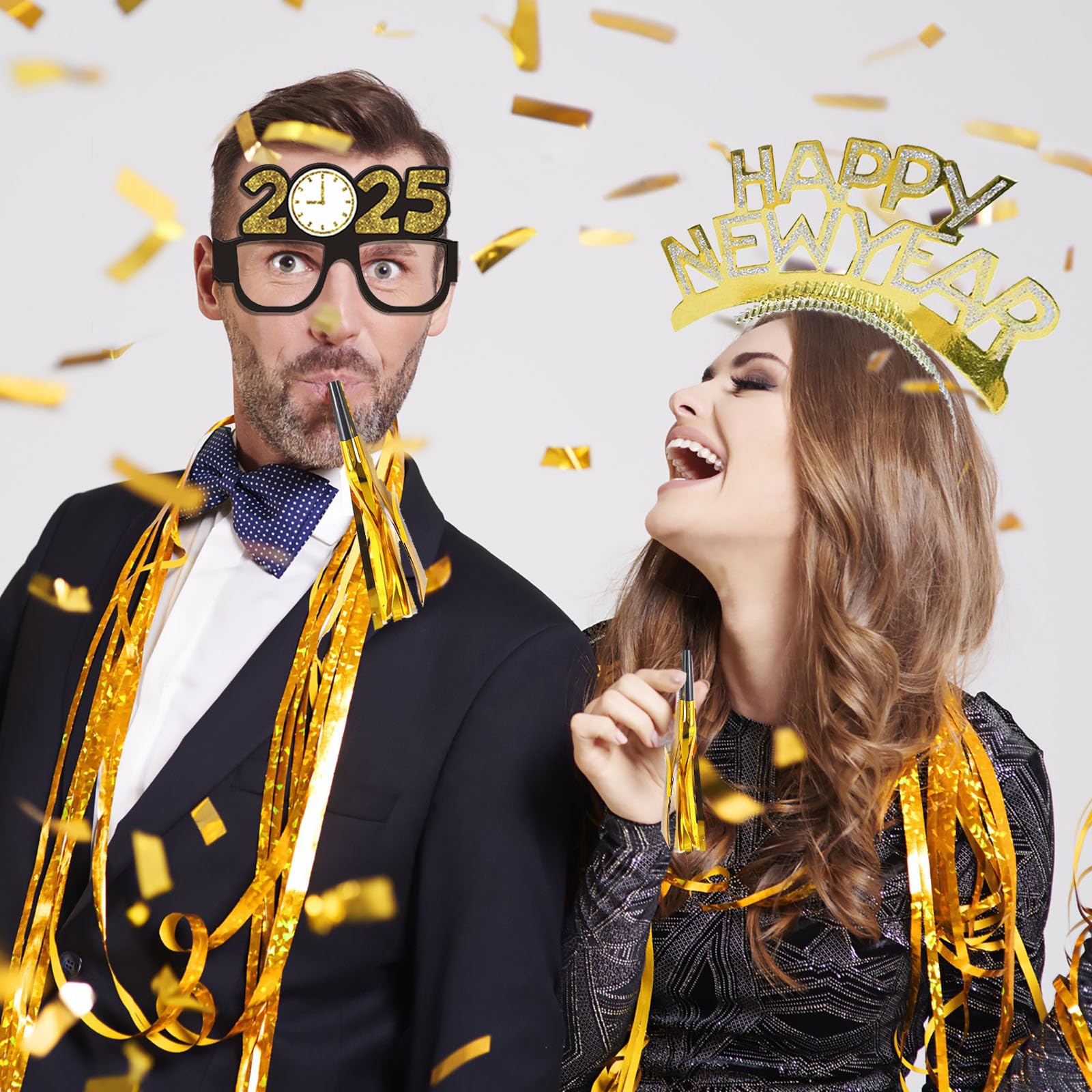 Falinpitos 36PCS Happy New Year Decorations 2025 New Years Eve Party Supplies 2025,With 12 Happy New Year Headband Tiara,12 Noise Maker,12 New Years Glasses 2025