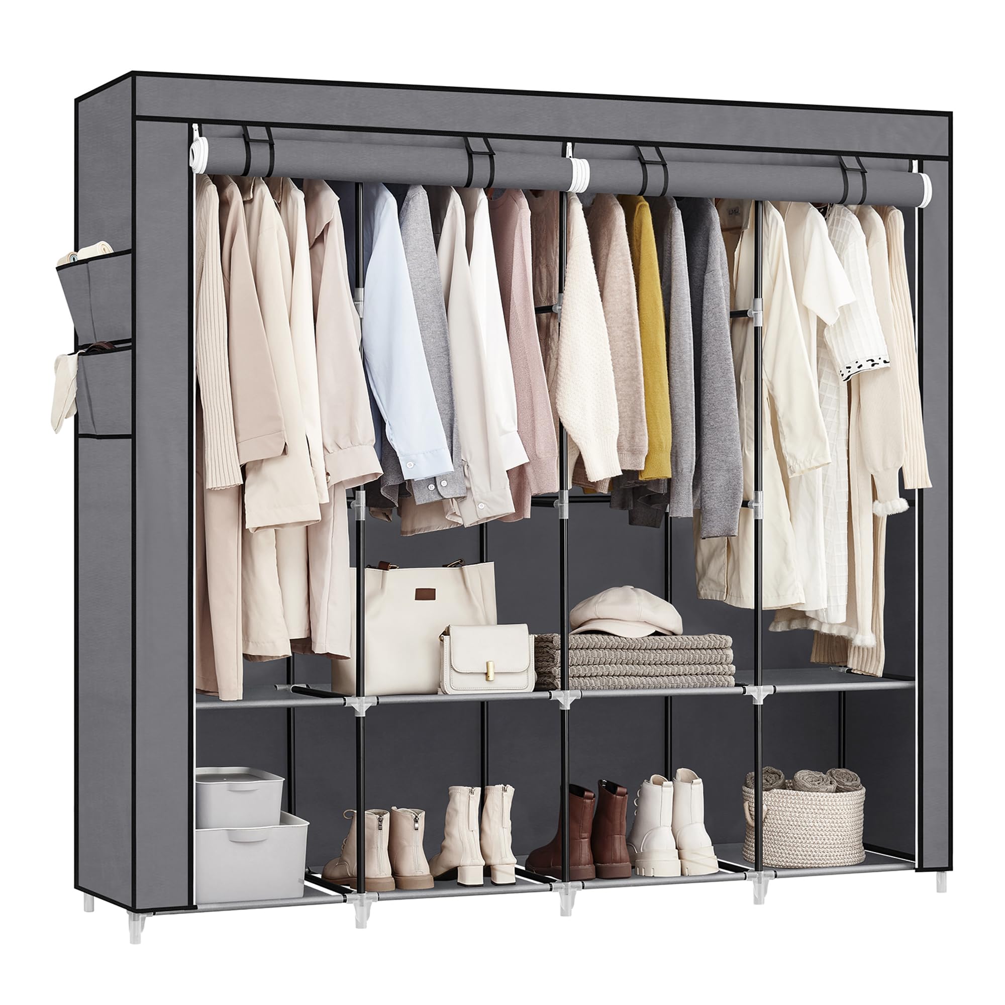 SONGMICS Portable Closet, Wardrobe Closet Organizer with Cover, 4 Hanging Rods and Shelves, 4 Side Pockets, 66.9 x 17.7 x 65.7 Inches, Large Capacity for Bedroom, Living Room, Gray URYG094G02