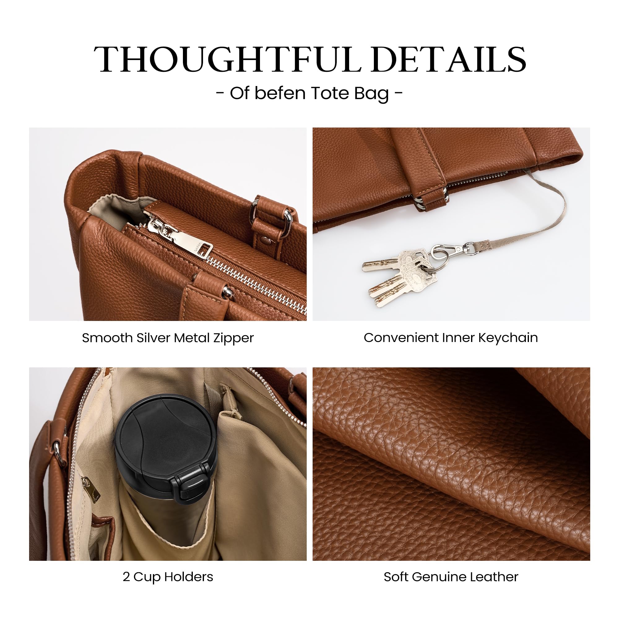 befen Real Leather Work Tote Bag for Women Ladies Totes Shoulder Purse Satchel Handbags with 15" Compartment & Water Cup Holder Cognac Brown
