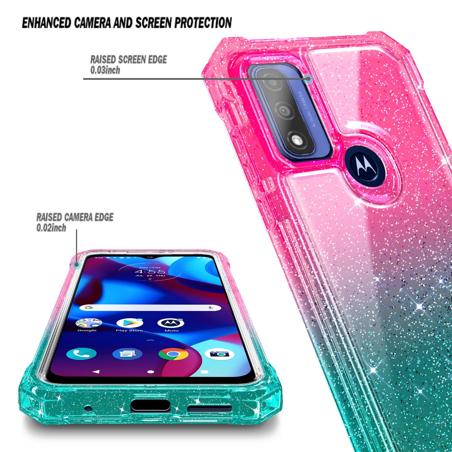 NZND Designed for Motorola Moto G Pure Case, Moto G Play 2023 /Power 2022 with [Built-in Screen Protector], Full-Body Protective Shockproof Bumper Glossy Stylish Case (Glitter Pink/Aqua)