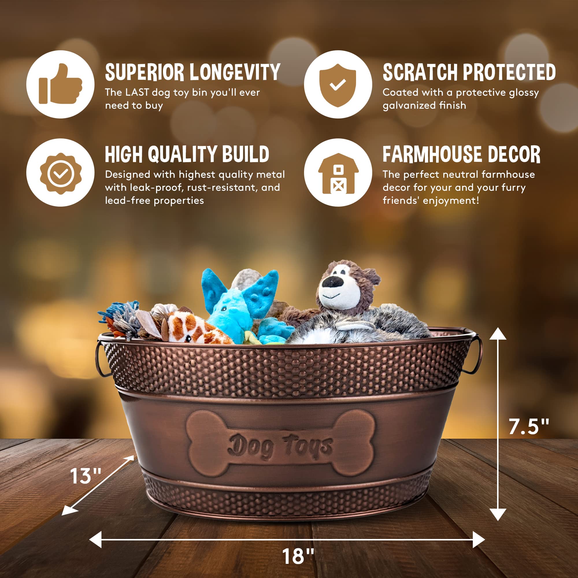 Indestructible Metal Dog Toy Bin - Copper Galvanized Storage Bin with Handles, Dog Toy Box for Dog Chew Toys, Blankets, & Leashes, Dog Bone Design Pet Toy Box (15-Quart)