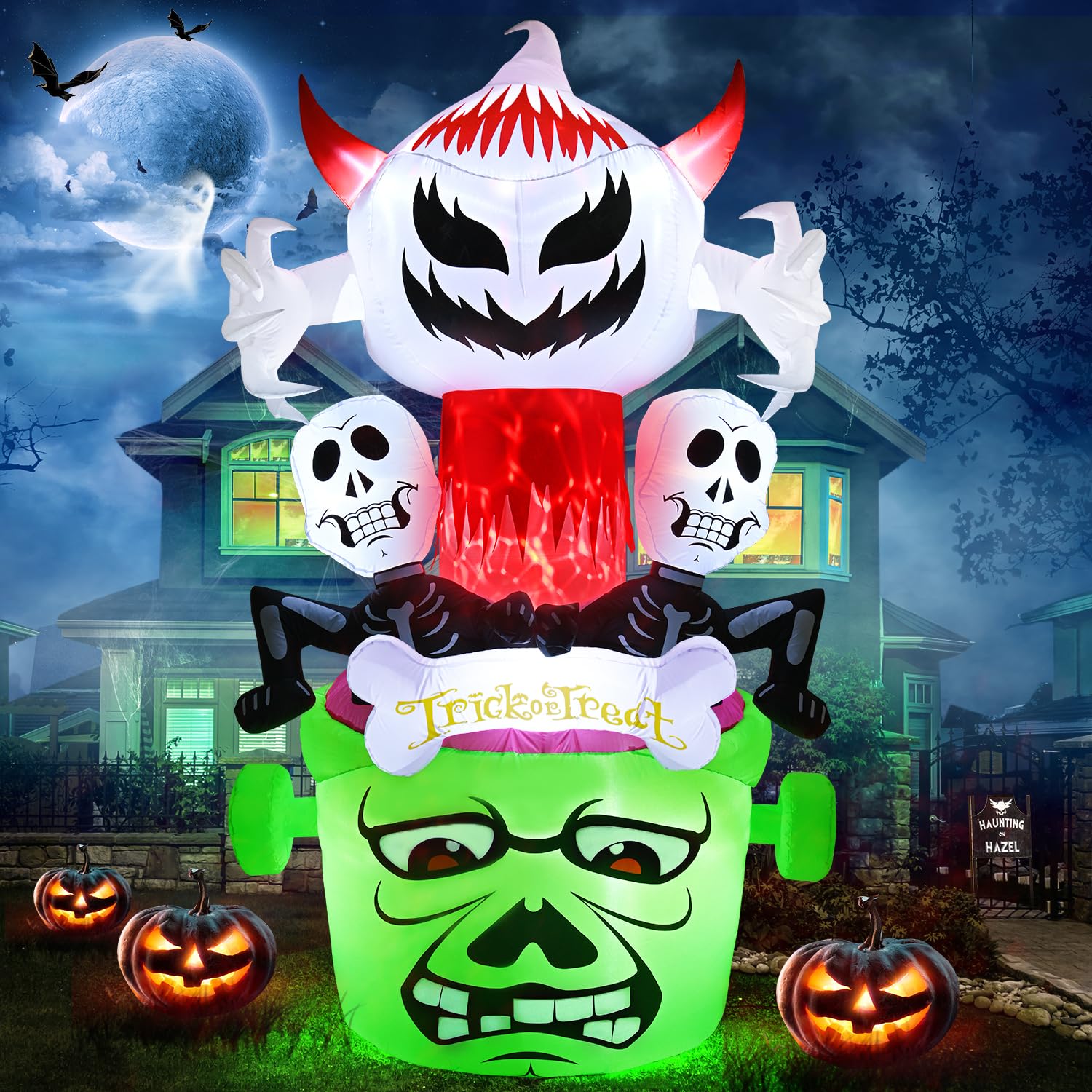 Yumatum 8 FT Halloween Inflatables Outdoor Decorations, Built-in Flame Flashing Light Ghost Dual Skull Frankenstein, Halloween Blow Ups for Yard Garden Lawn Patio Indoor Family Party