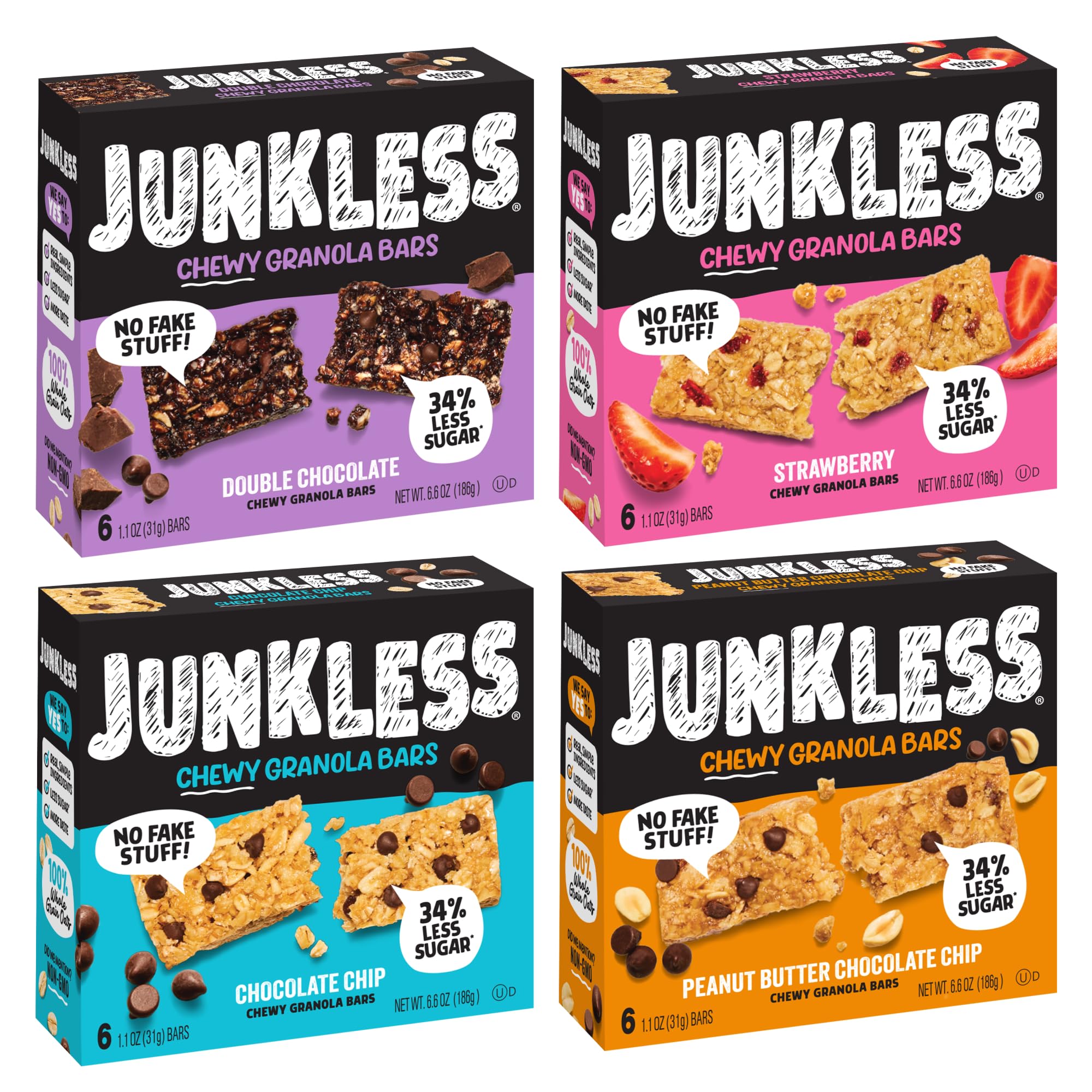 Junkless Chewy Granola Bar 4-Flavor Variety Pack - Chocolate Chip, Double Chocolate, Peanut Butter Chocolate Chip & Real Strawbery - Less Sugar, Great Tasting- Bulk Granola Bars - 1.1 oz. Bars, 4 Boxes