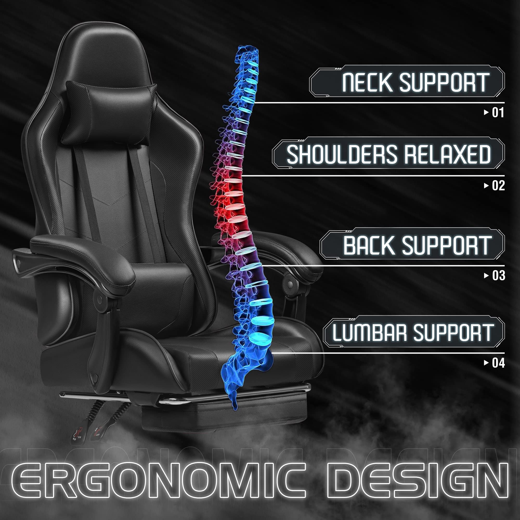 Homall Gaming Chair, Video Game Chair with Footrest and Massage Lumbar Support, Ergonomic Computer Chair Height Adjustable with Swivel Seat and Headrest (Black)