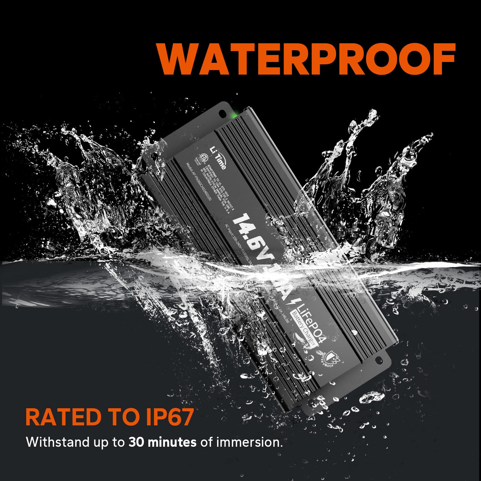 LiTime IP67 Waterproof 14.6V 10A LiFePO4 Onboard Charger, Fast Charging, 4 Safety Protections, Better Charging Performance, Extend Lithium Batteries Life, with LED Indicator, Outdoor & Marine Use