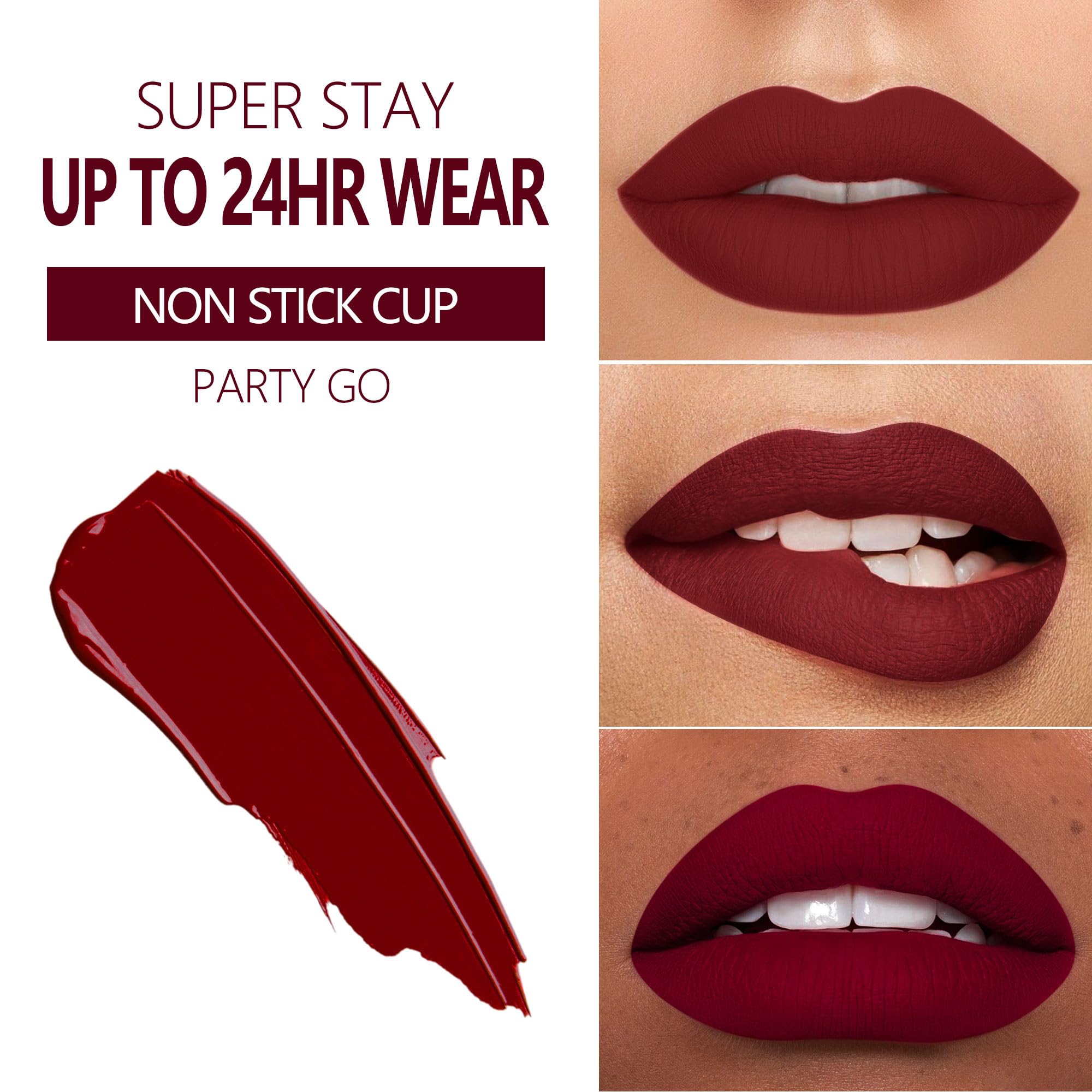 MAKI YIKA Dark Red Lipstick Long Lasting for Women, Burgundy Lipstick Smudge Proof Waterproof, Vampy Matte Lipstick No Transfer, Cruelty Free | PARTY GO