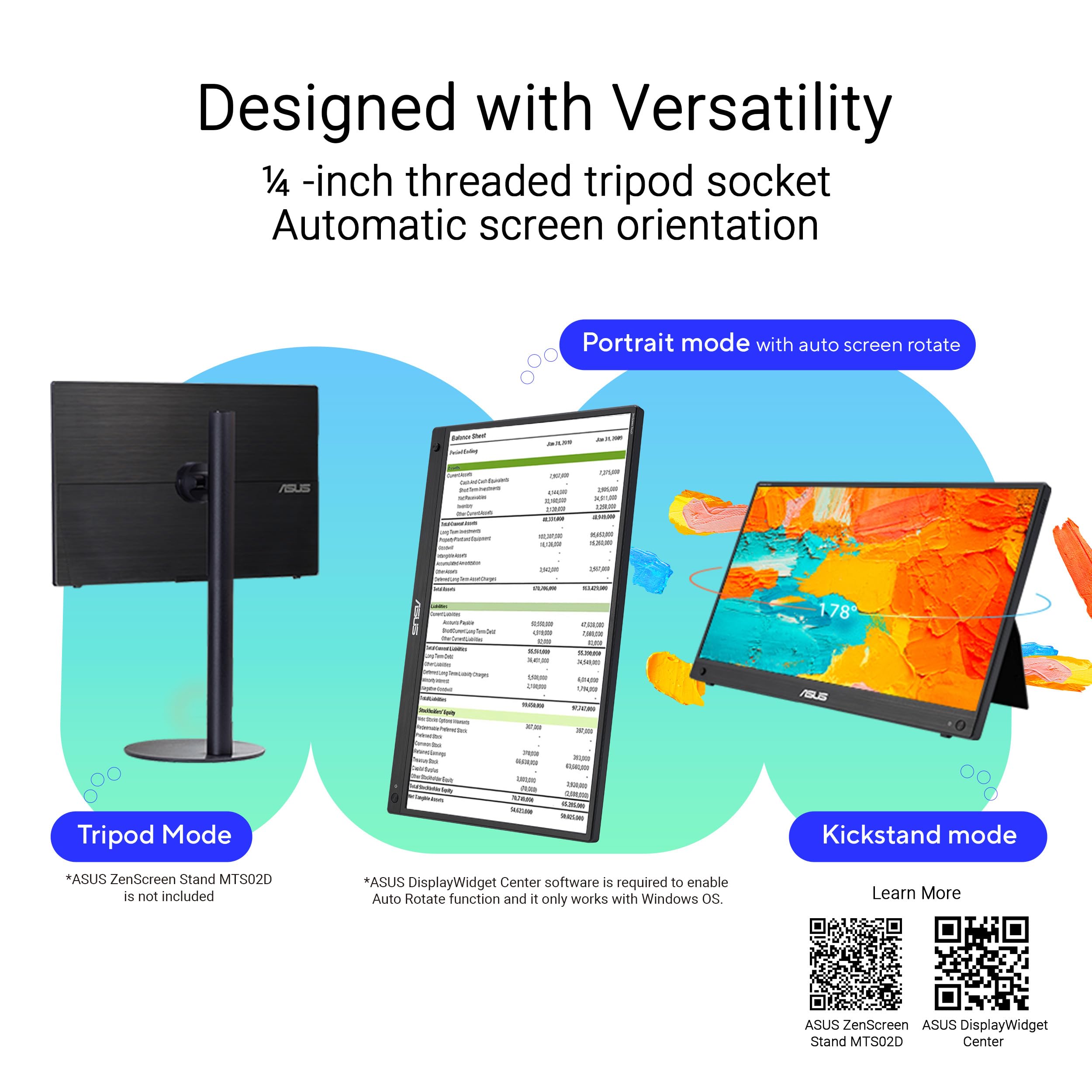 ASUS ZenScreen Touch 16” USB-C Portable Monitor (MB16AMTR) - Full HD, IPS, Built-in Battery, Kickstand, Tripod Socket, Eye Care, Compatible with Laptops, Smartphones and Game Consoles, 3 yr Warranty