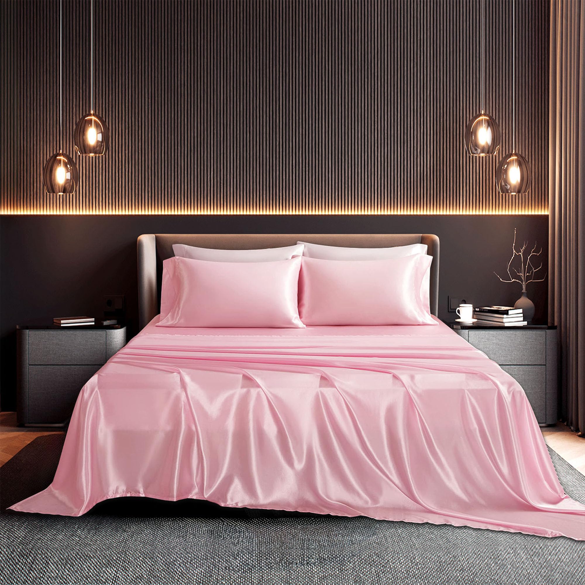 Seasonwood Twin Size Sheet Set Satin Sheets Pink Microfiber Silk Bed Set of 3 with 1 Pillowcase