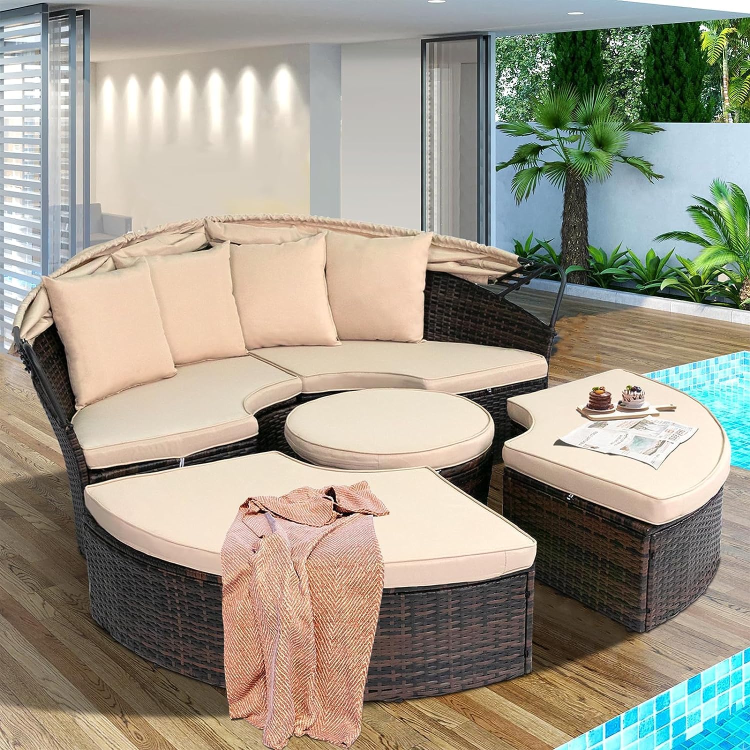 SUNCROWN Outdoor Patio Round Daybed with Retractable Canopy, Brown Wicker Furniture Sectional Couch with Washable Cushions, Backyard, Porch
