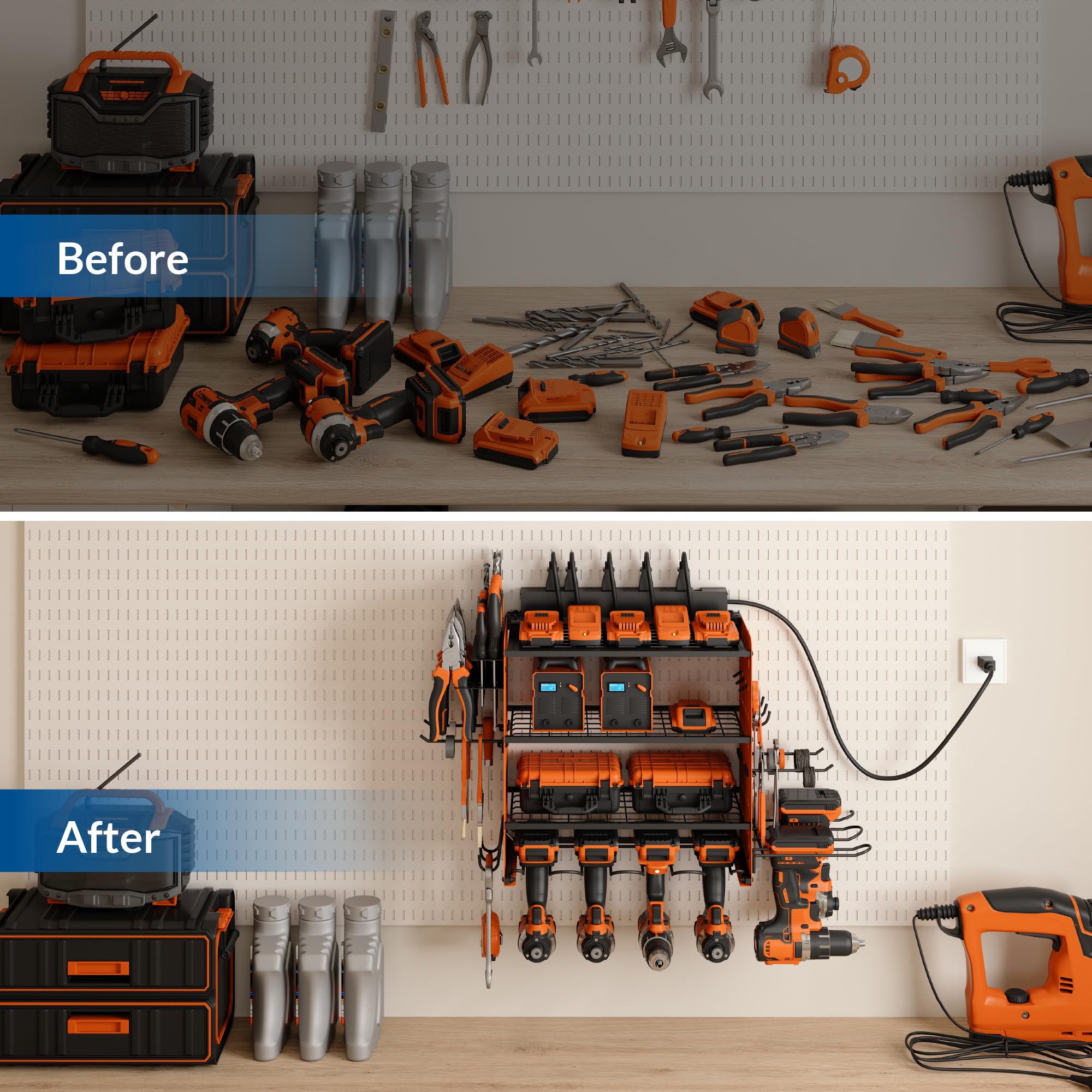 Sttoraboks Modular Power Tool Organizer with Charging Station, Wall Mount Garage Shelf Rack with Hooks for 6 Drills, 4-Layer Shelf, Heavy Duty Tool Battry Holder Built in 8 Outlet Power Strip, Orange