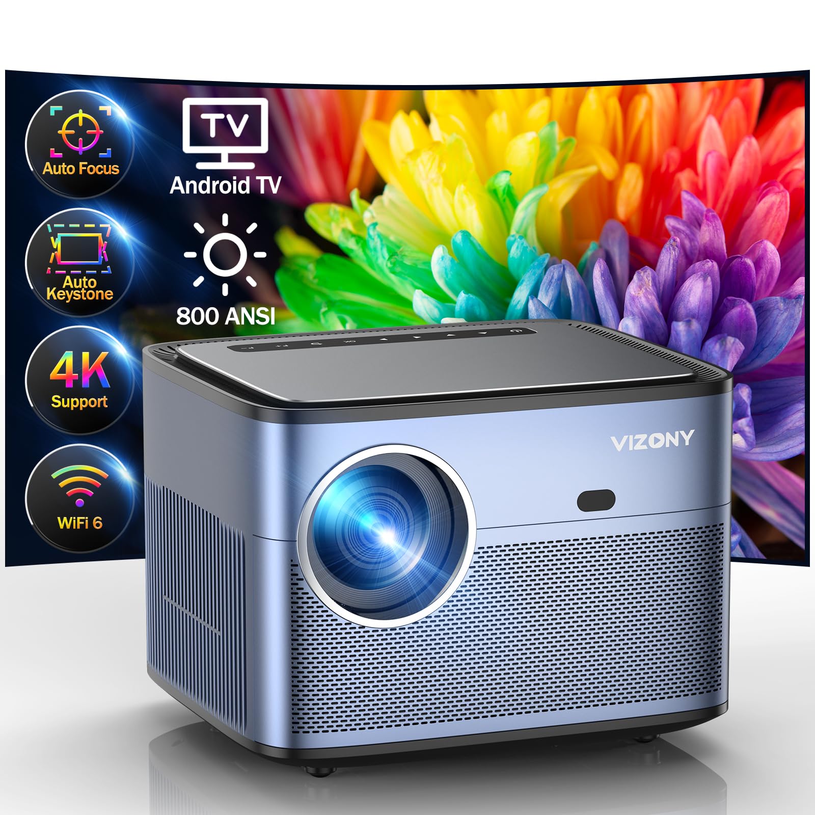 [Auto Focus/Keystone]Projector 4K Support with WiFi Bluetooth, VIZONY 800ANSI Android TV Outdoor Projector, 4P4D/Zoom/PPT, Home Movie Projector with Netflix/Prime Apps Built-in, 8000+ Apps